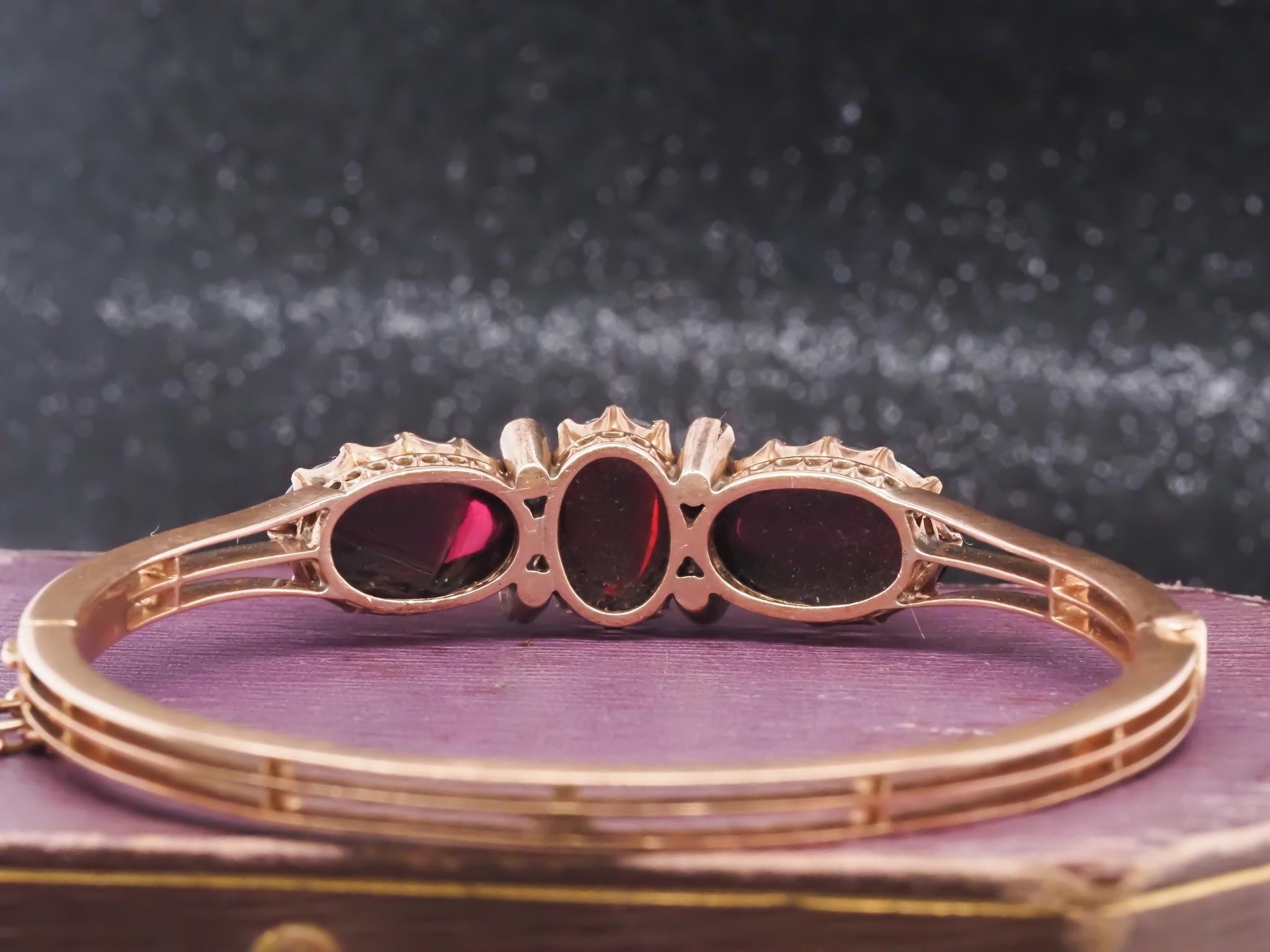 Victorian 16K Gold Garnett and Rose Cut Diamond Bangle - VHK#40c In Good Condition For Sale In Hicksville, NY