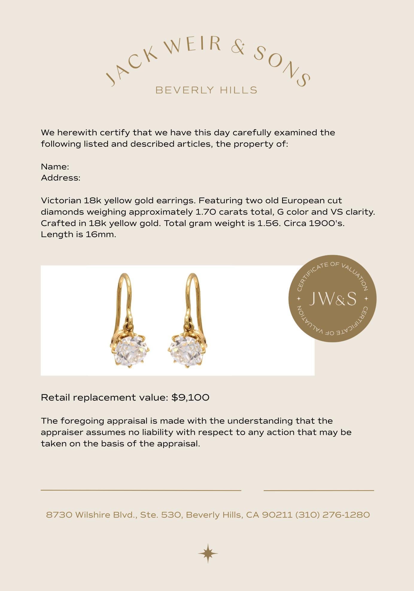 Women's Victorian 1.70 carat total weight diamond 18k yellow gold drop earrings For Sale