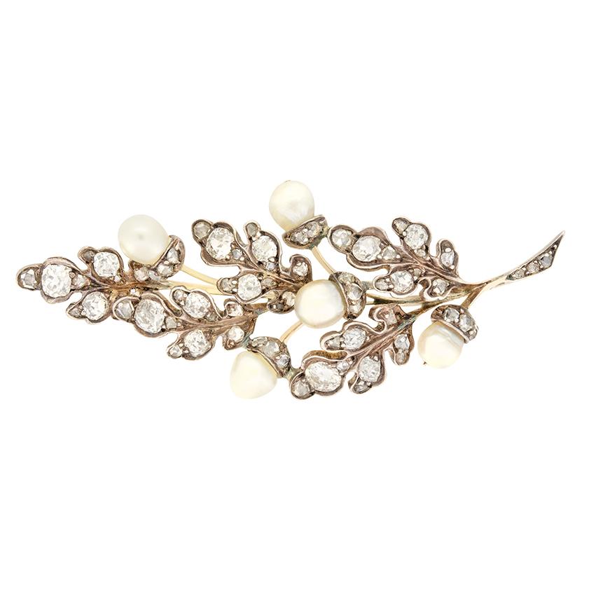 Old Mine Cut Victorian 1.70ct Diamond Acorn and Oak Leaf Brooch, c.1880s For Sale
