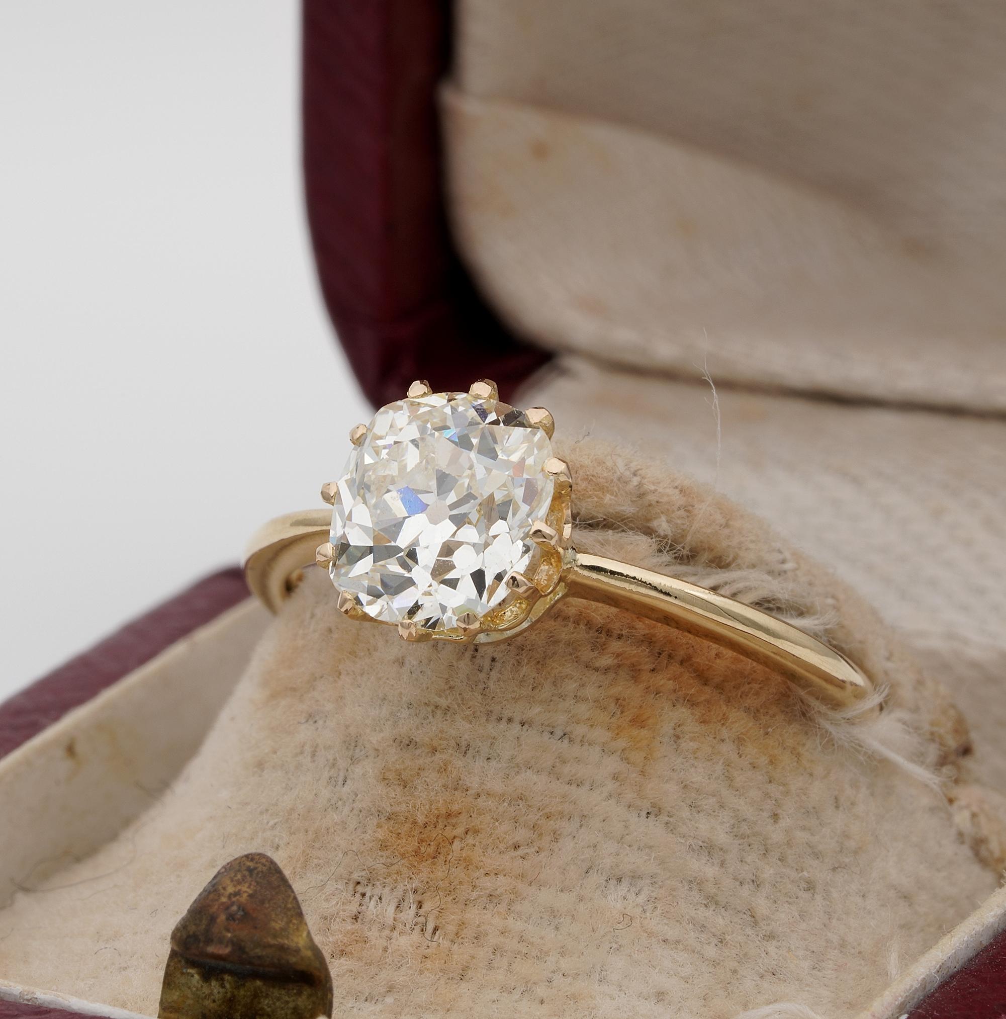 Late Victorian Victorian 1.71 Carat Old Mine Cut Diamond Solitaire Ring I/J VVS For Sale