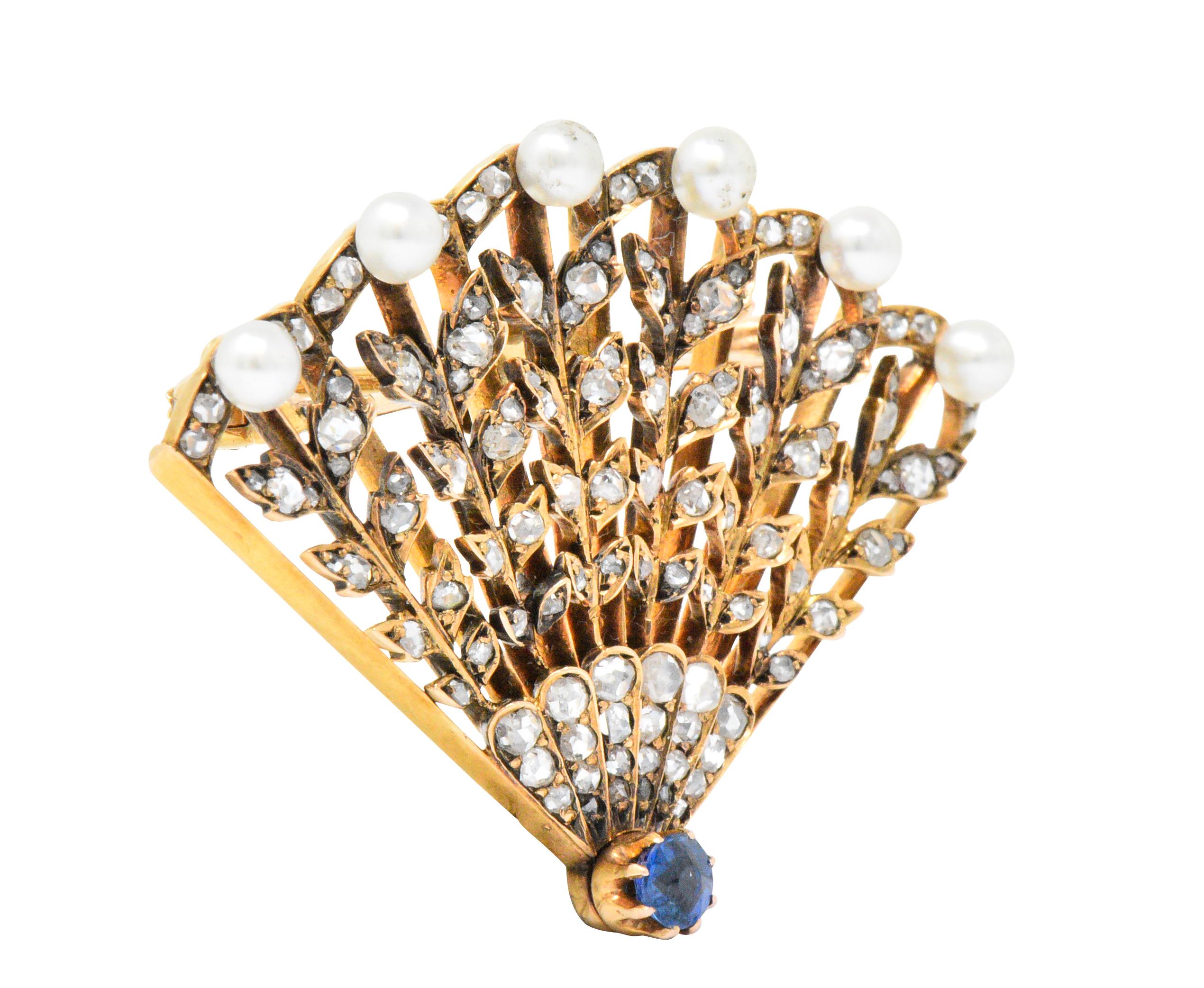 Aesthetic Movement Victorian 1.75 Carat Diamond Sapphire Pearl 18 Karat Gold Fan Brooch