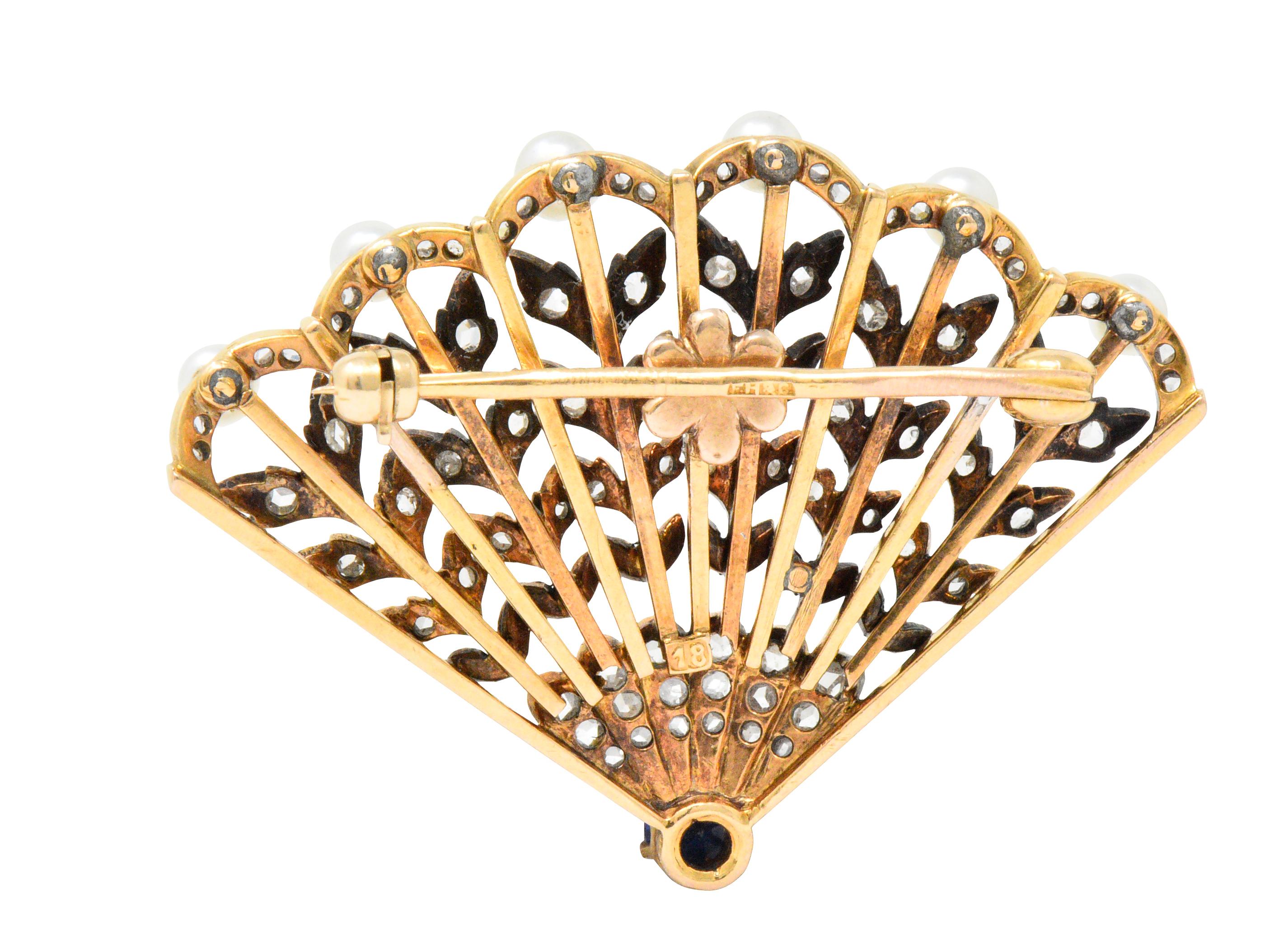 Victorian 1.75 Carat Diamond Sapphire Pearl 18 Karat Gold Fan Brooch im Zustand „Hervorragend“ in Philadelphia, PA