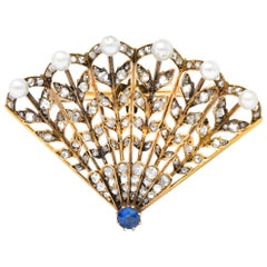 Victorian 1.75 Carat Diamond Sapphire Pearl 18 Karat Gold Fan Brooch