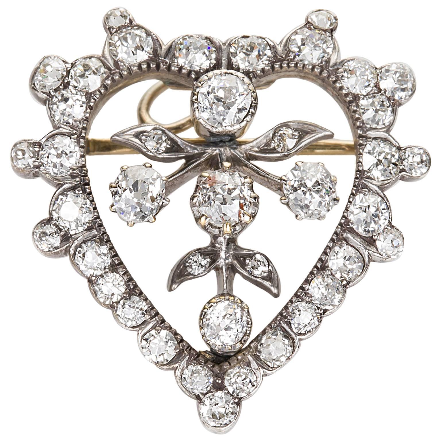 Victorian 1.75 Carat Old European Cut Diamond Heart Shaped Diamond Pendant Pin