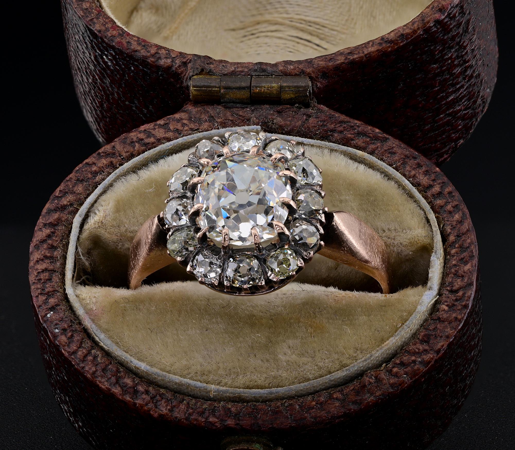 This marvelous antique Diamond ring is Victorian period 1890 ca
Skillfully hand crafted of solid 18 KT gold in traditional cluster design with the main stone set in the middle and a halo of Diamonds in surround
Centrally set with a bright white old