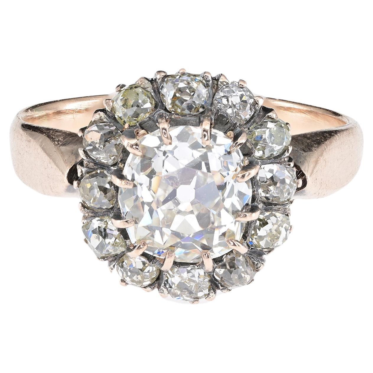 Victorian 1.75 Ct Diamond J VVS plus .85 Ct Rare Cluster ring For Sale
