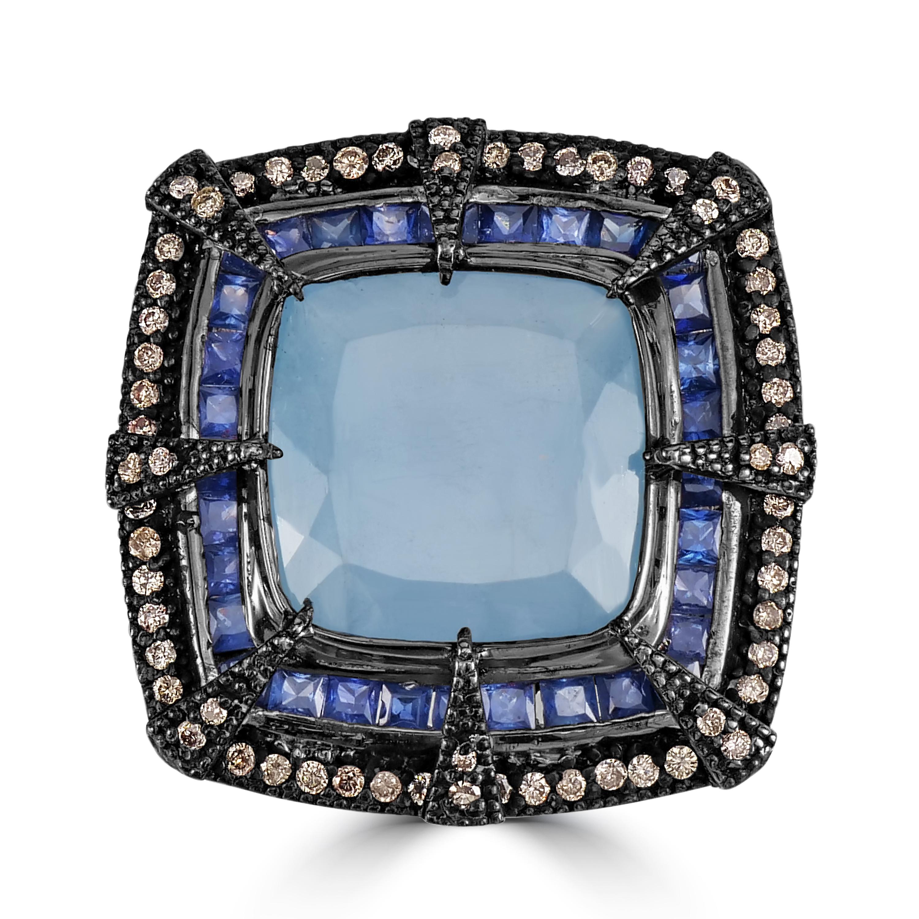 Victorian 17.5 Cttw. Aquamarine, Sapphire and Diamond Cocktail Ring In New Condition For Sale In New York, NY