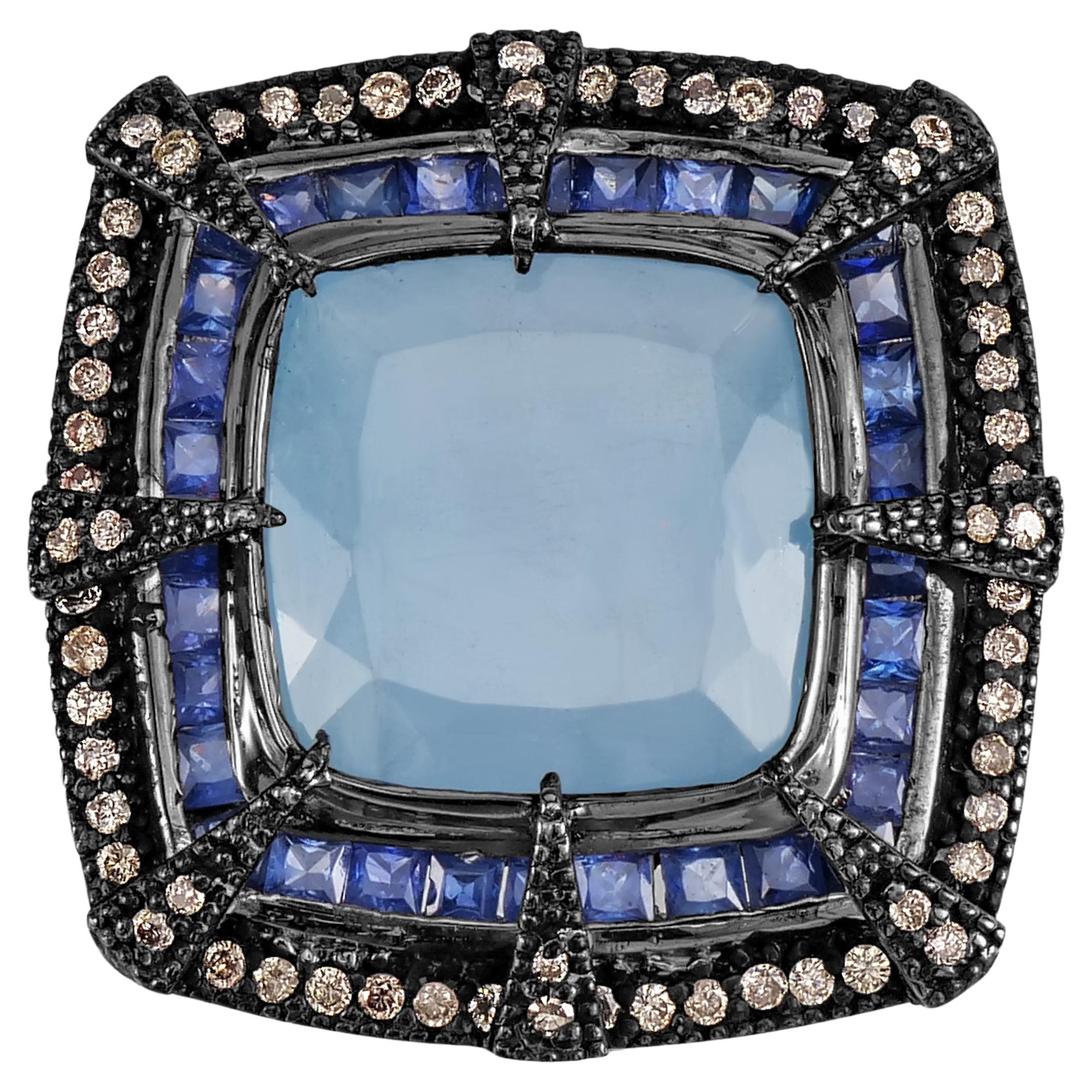 Victorian 17.5 Cttw. Aquamarine, Sapphire and Diamond Cocktail Ring For Sale
