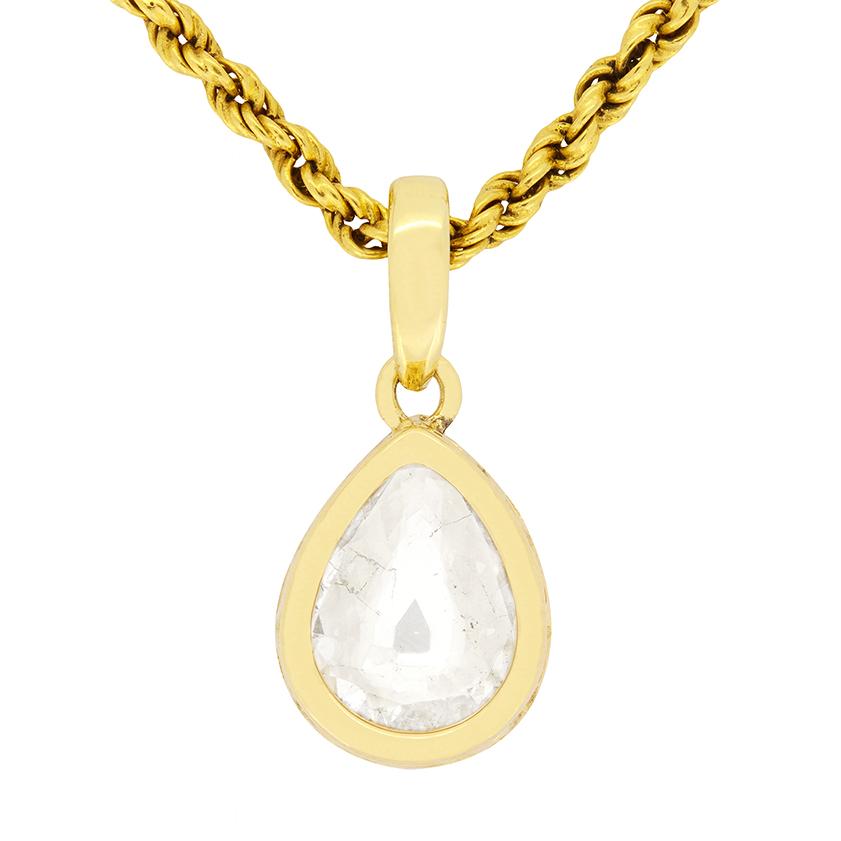 A stunning 1.75 carat  diamond is the focus of this Victorian necklace. The diamond is wonderfully cut into an old pear shape, and would have been cut by hand at the time. It is H to I in colour and SI1 clarity, and is rub over set in platinum with
