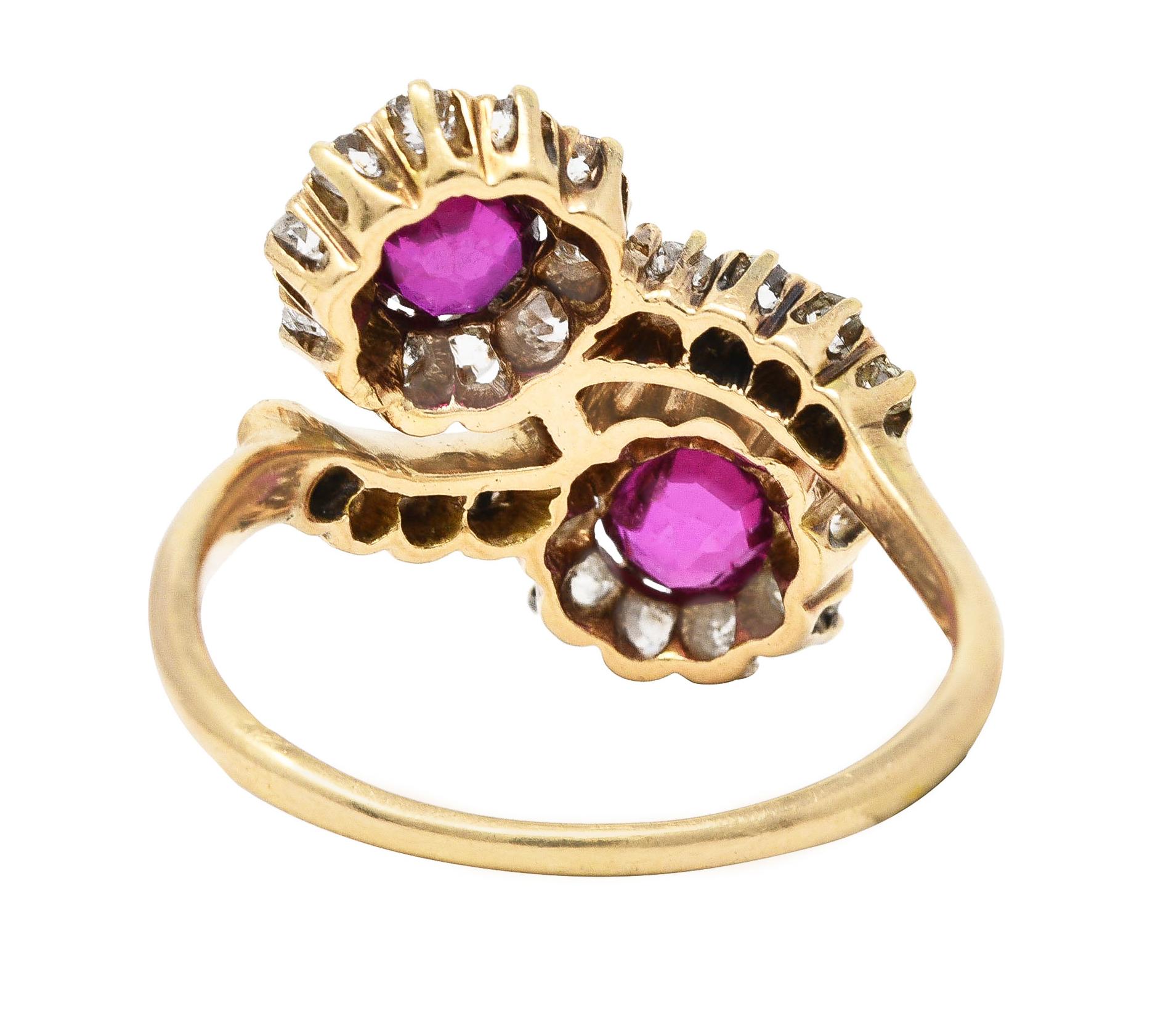Victorian 1.76 Carats Ruby Diamond 14 Karat Yellow Gold Toi Et Moi Cluster Ring In Excellent Condition In Philadelphia, PA