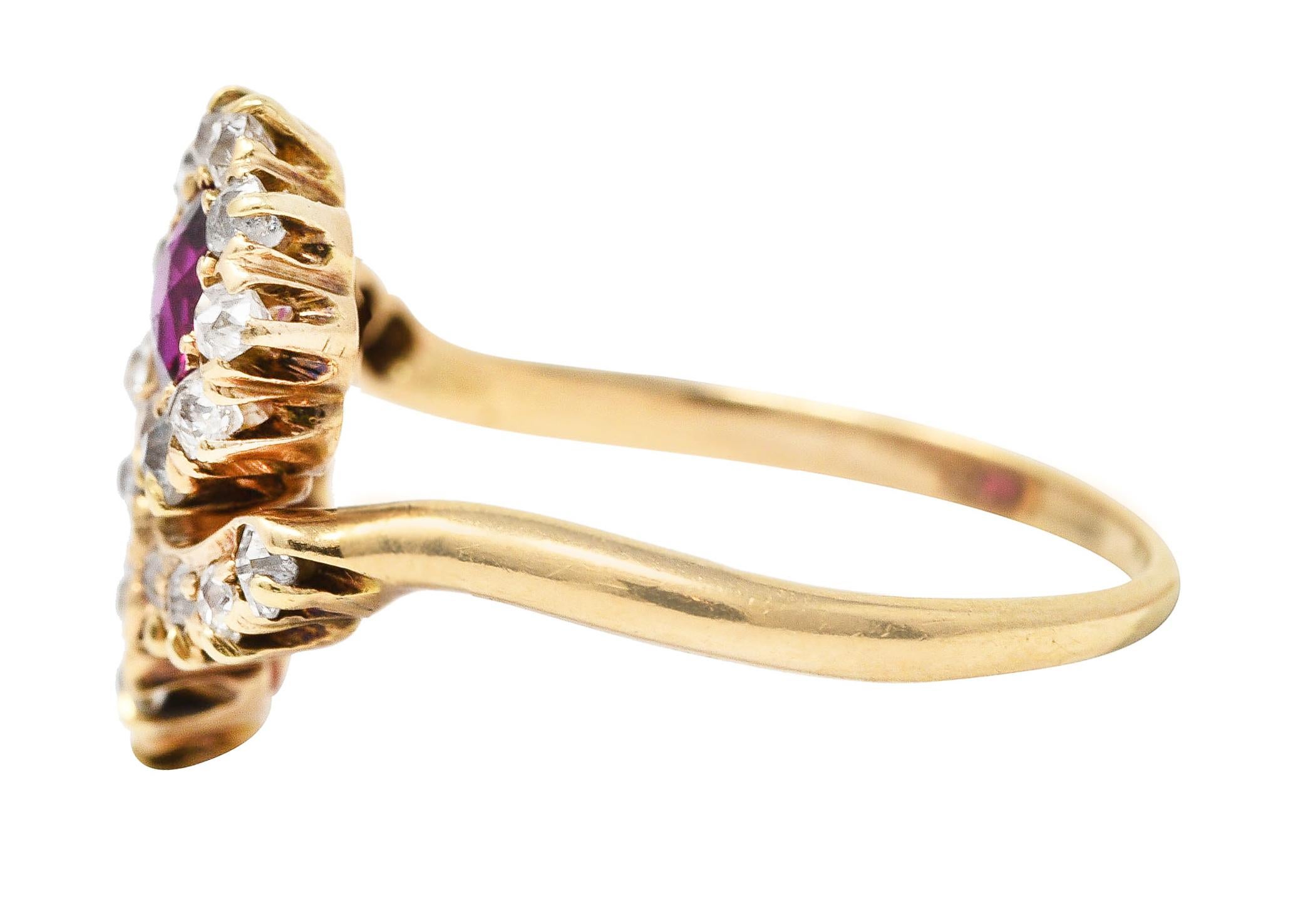 Women's or Men's Victorian 1.76 Carats Ruby Diamond 14 Karat Yellow Gold Toi Et Moi Cluster Ring