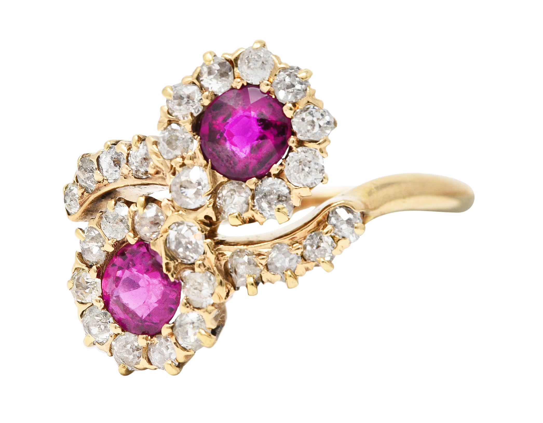 Victorian 1.76 Carats Ruby Diamond 14 Karat Yellow Gold Toi Et Moi Cluster Ring 1