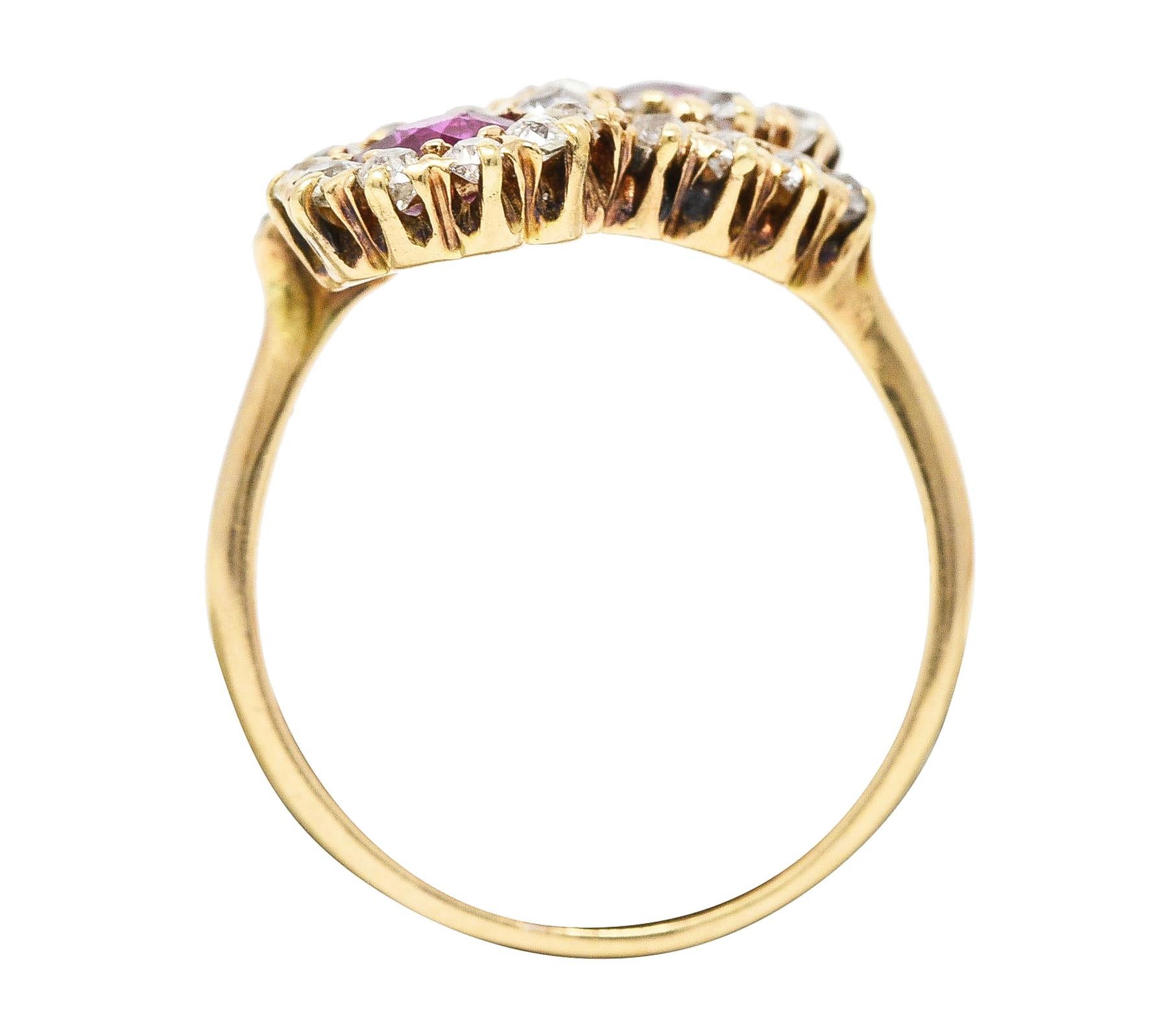 Victorian 1.76 Carats Ruby Diamond 14 Karat Yellow Gold Toi Et Moi Cluster Ring 3