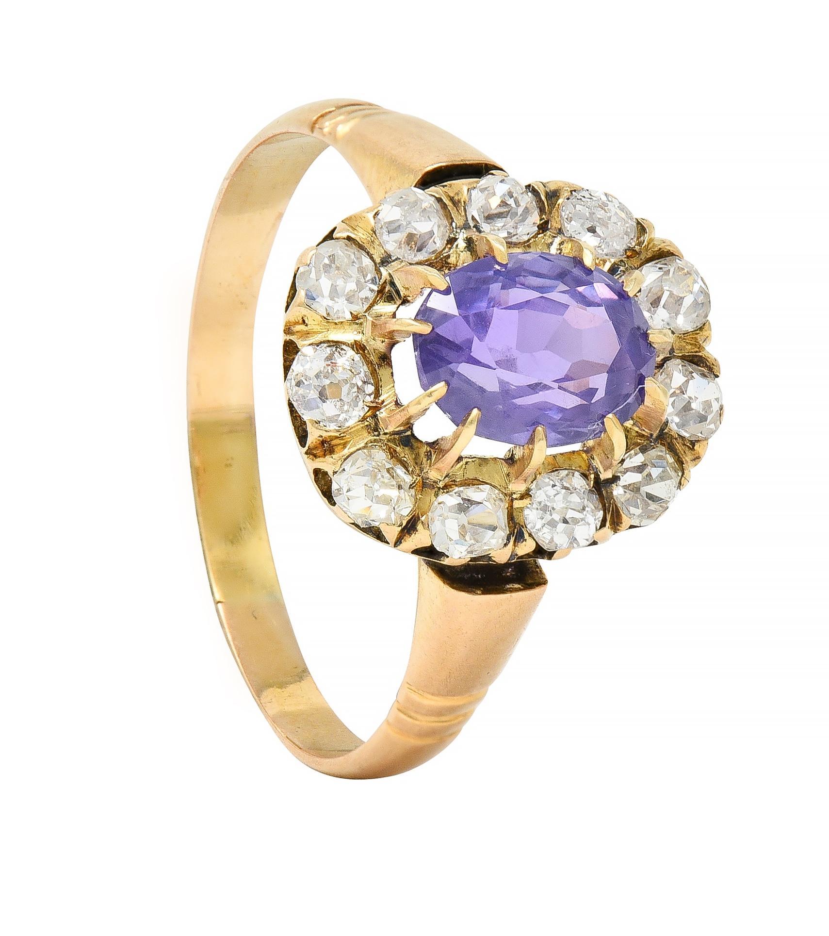 Victorian 1.78 CTW No Heat Ceylon Purple Sapphire 18 Karat Yellow Gold Halo Ring For Sale 5
