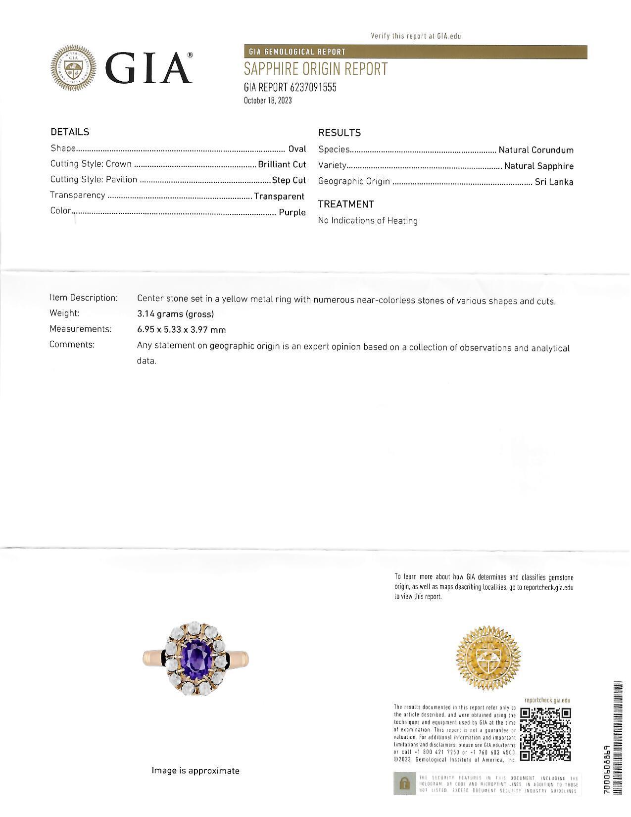 Victorian 1.78 CTW No Heat Ceylon Purple Sapphire 18 Karat Yellow Gold Halo Ring For Sale 9