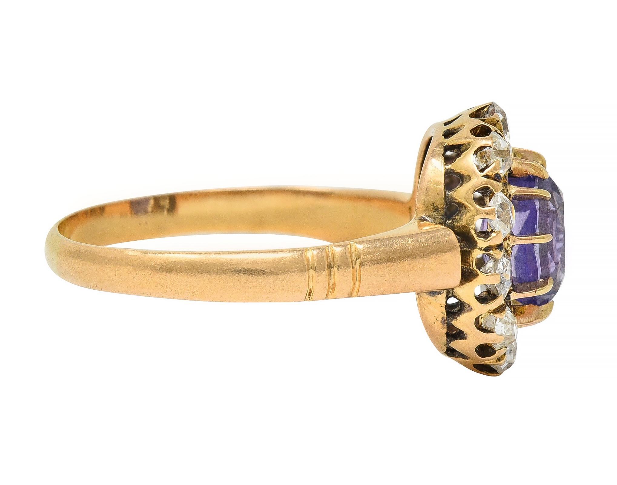 Oval Cut Victorian 1.78 CTW No Heat Ceylon Purple Sapphire 18 Karat Yellow Gold Halo Ring For Sale