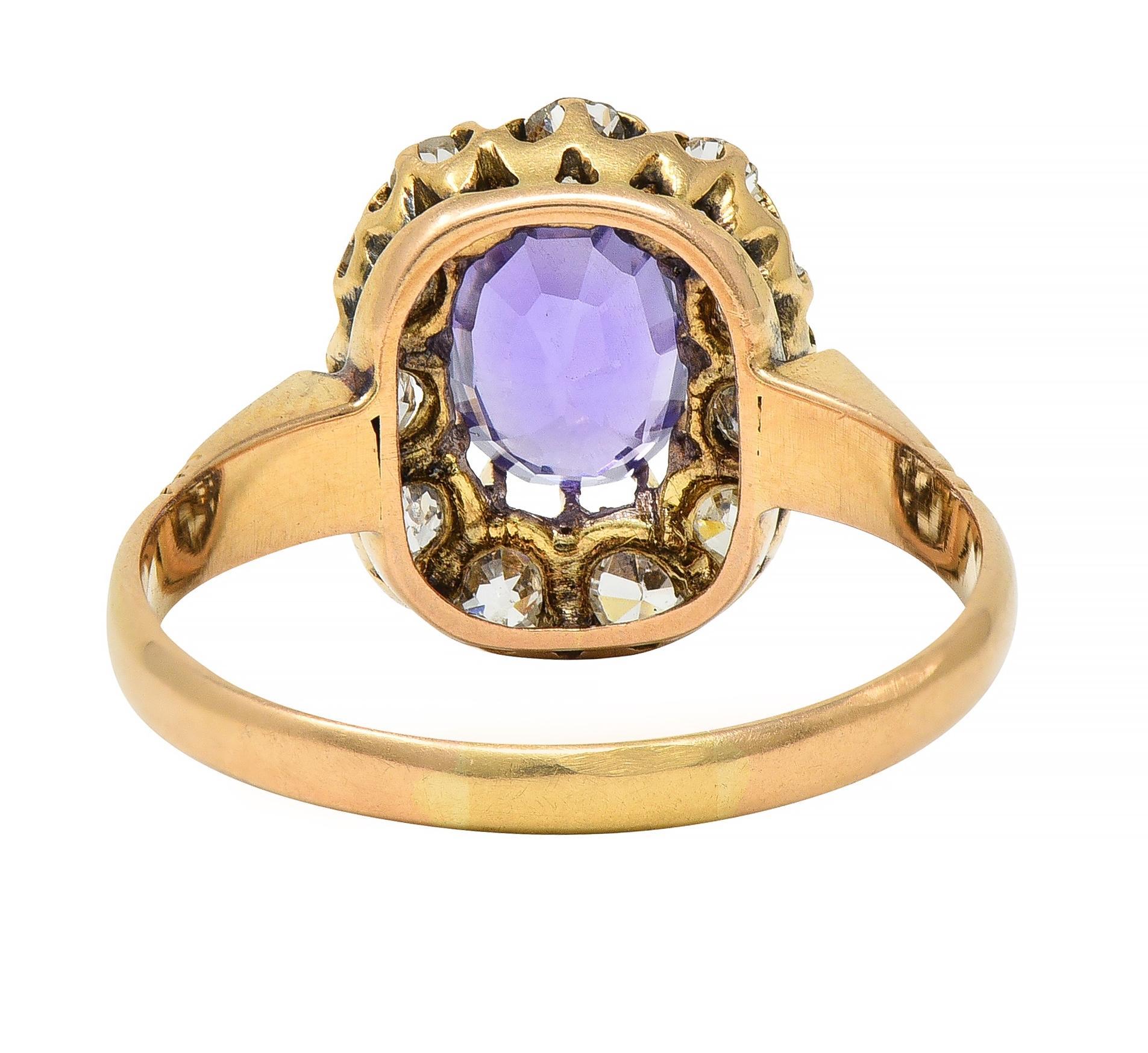 Victorian 1.78 CTW No Heat Ceylon Purple Sapphire 18 Karat Yellow Gold Halo Ring In Excellent Condition For Sale In Philadelphia, PA