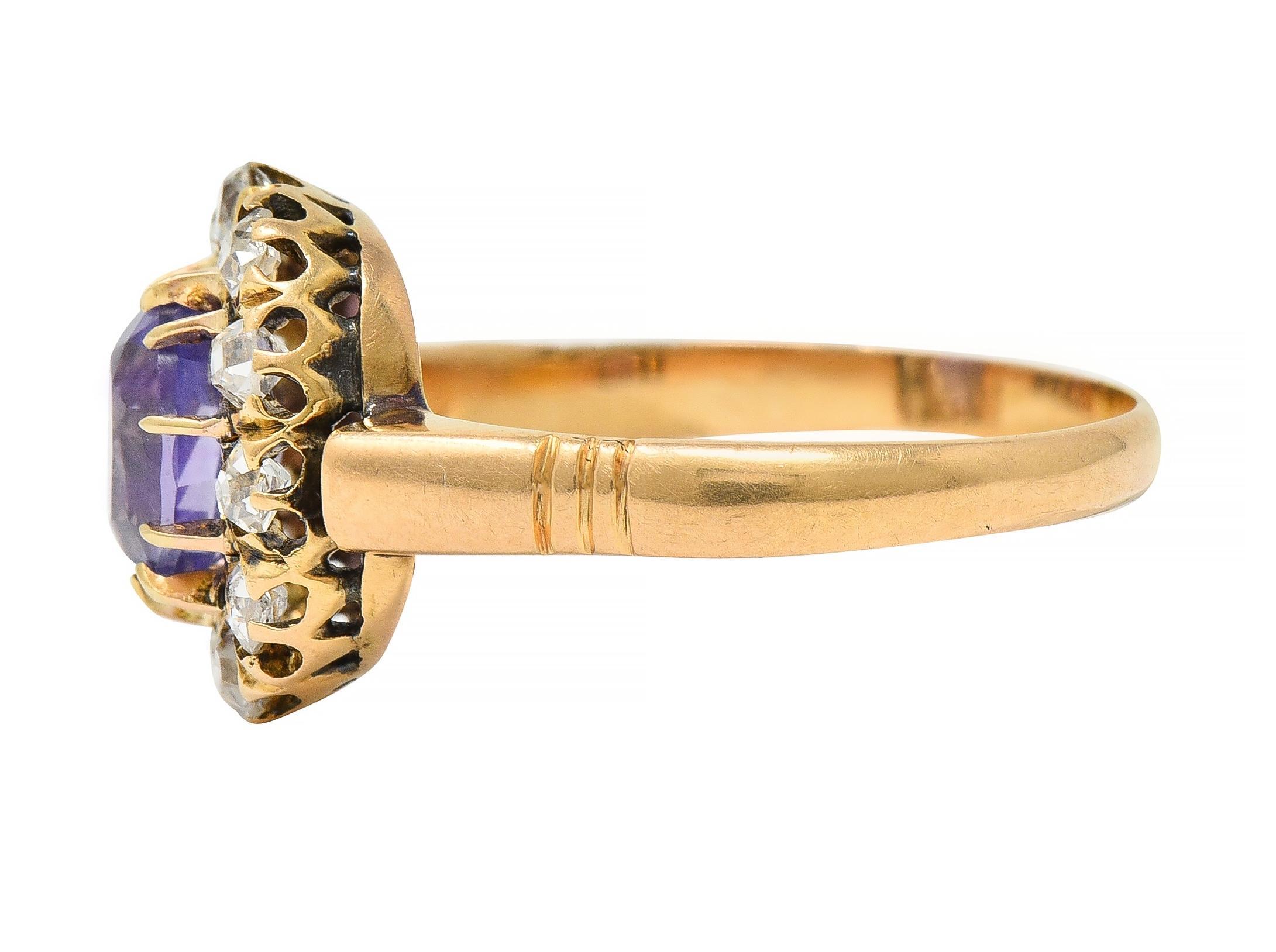 Women's or Men's Victorian 1.78 CTW No Heat Ceylon Purple Sapphire 18 Karat Yellow Gold Halo Ring For Sale