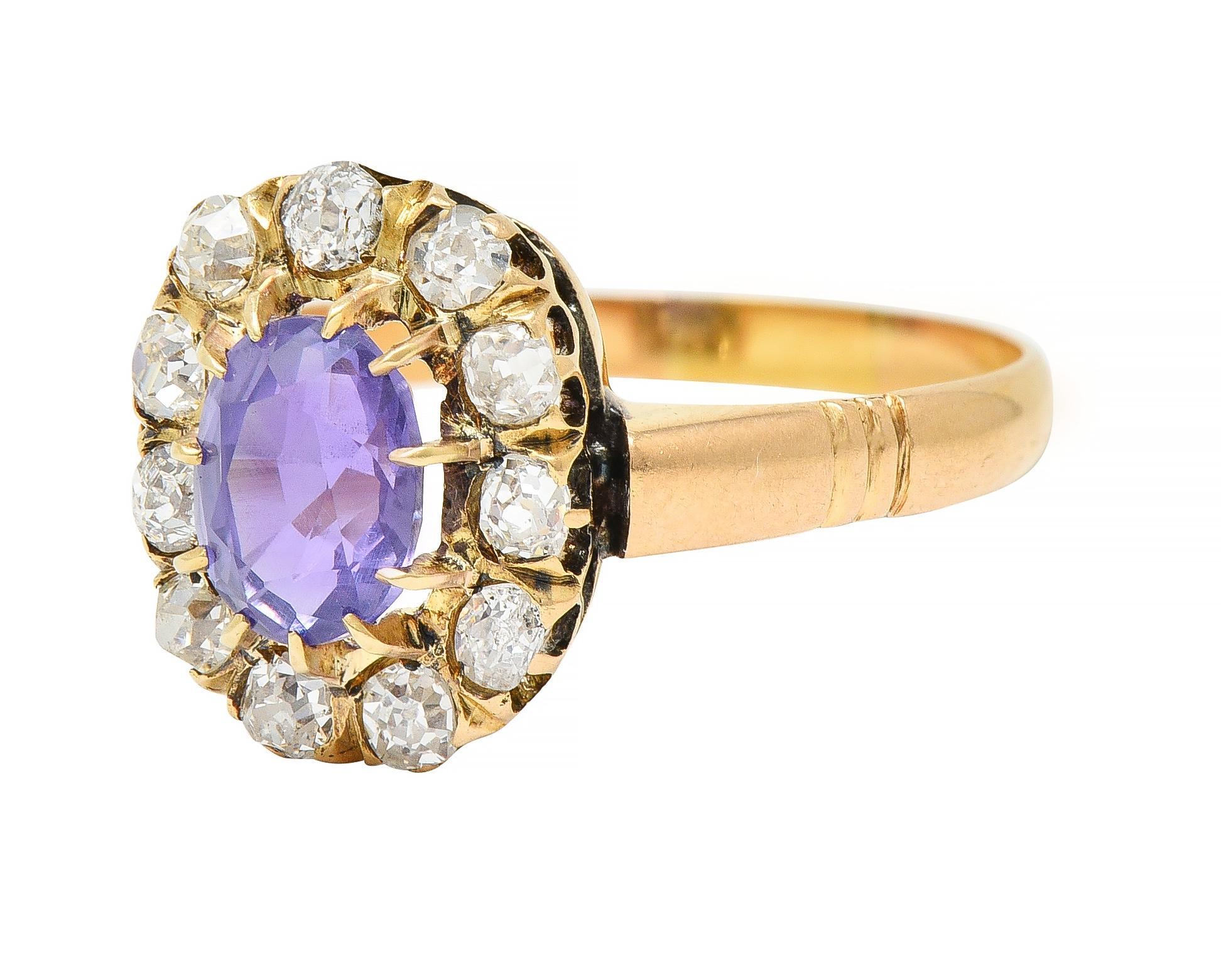 Victorian 1.78 CTW No Heat Ceylon Purple Sapphire 18 Karat Yellow Gold Halo Ring For Sale 1
