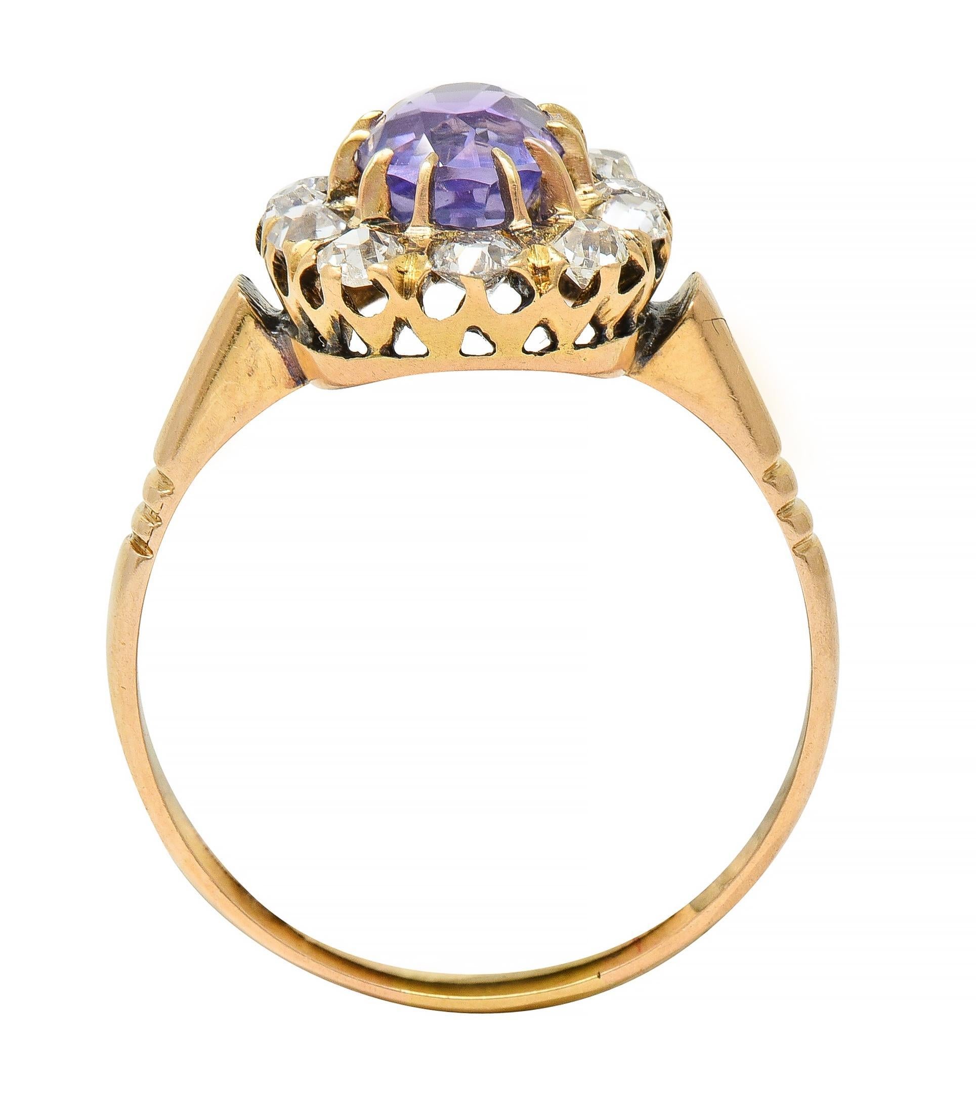 Victorian 1.78 CTW No Heat Ceylon Purple Sapphire 18 Karat Yellow Gold Halo Ring For Sale 2