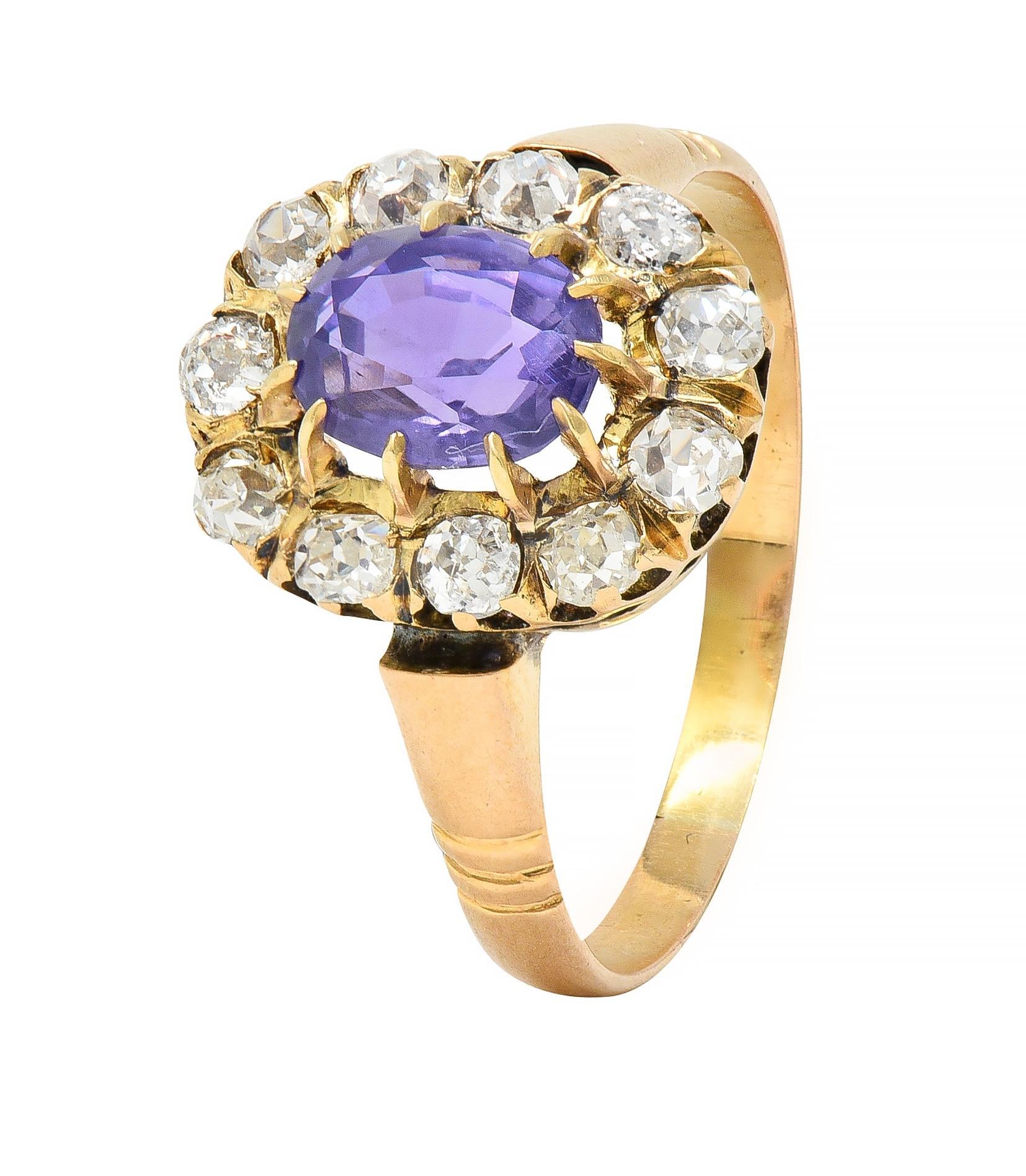 Victorian 1.78 CTW No Heat Ceylon Purple Sapphire 18 Karat Yellow Gold Halo Ring For Sale 3