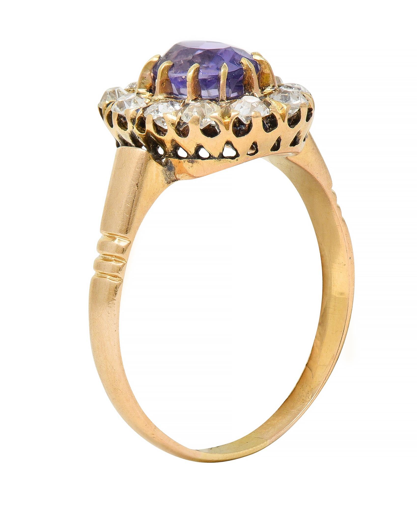Victorian 1.78 CTW No Heat Ceylon Purple Sapphire 18 Karat Yellow Gold Halo Ring For Sale 4