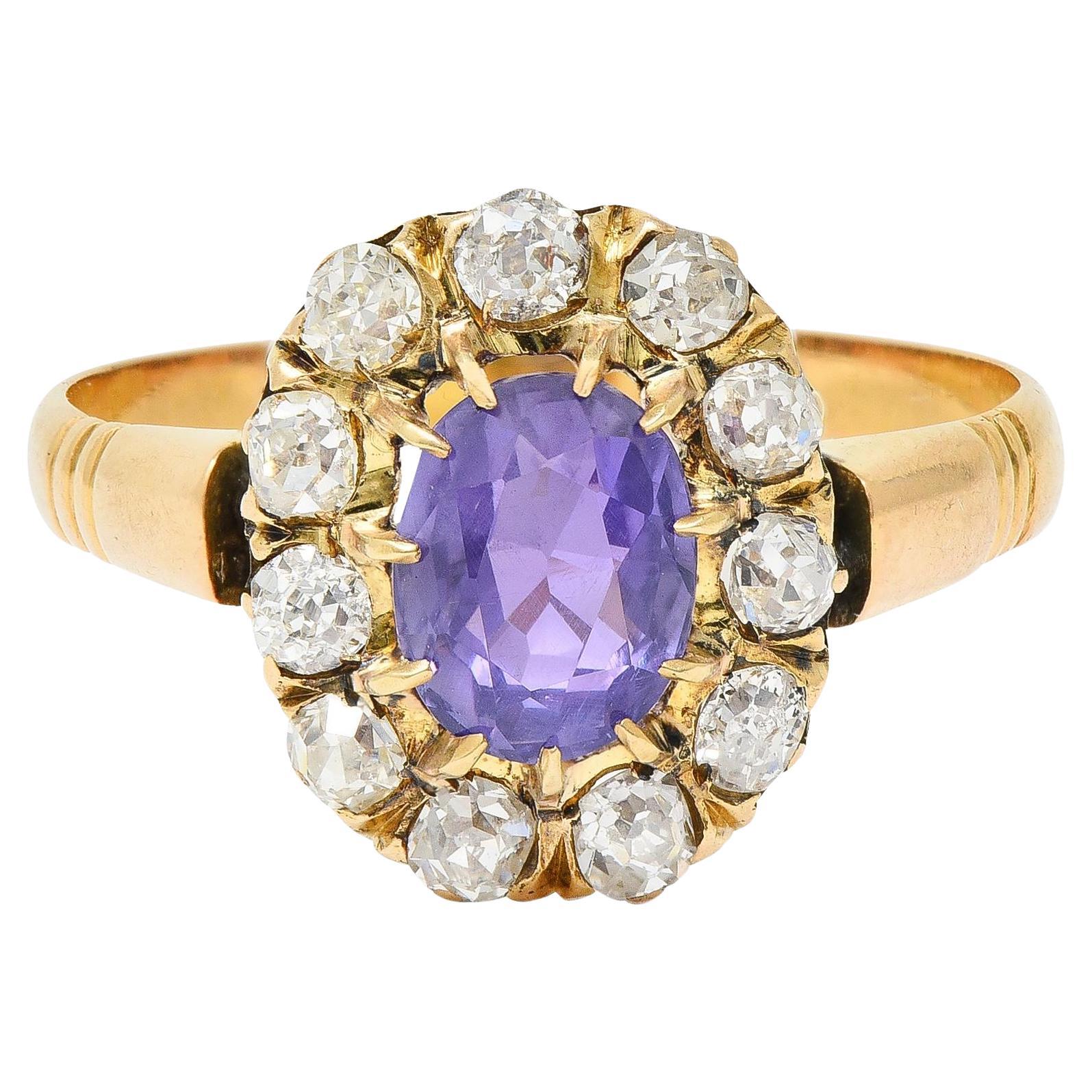 Victorian 1.78 CTW No Heat Ceylon Purple Sapphire 18 Karat Yellow Gold Halo Ring For Sale