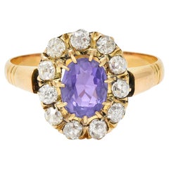 Antique Victorian 1.78 CTW No Heat Ceylon Purple Sapphire 18 Karat Yellow Gold Halo Ring