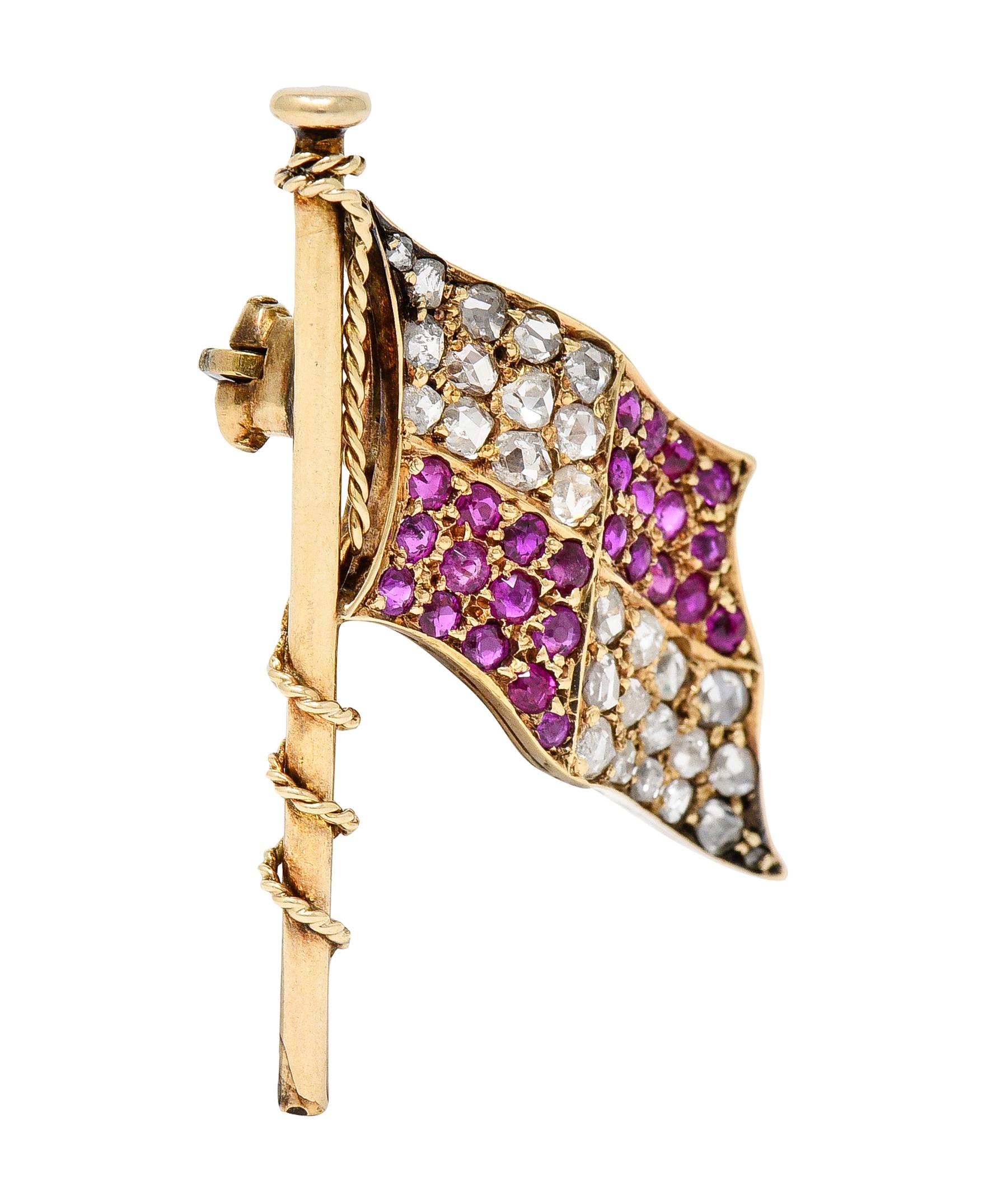 Victorian 1.78 CTW Ruby Diamond 14 Karat Gold Maritime Flag Antique Brooch In Excellent Condition For Sale In Philadelphia, PA