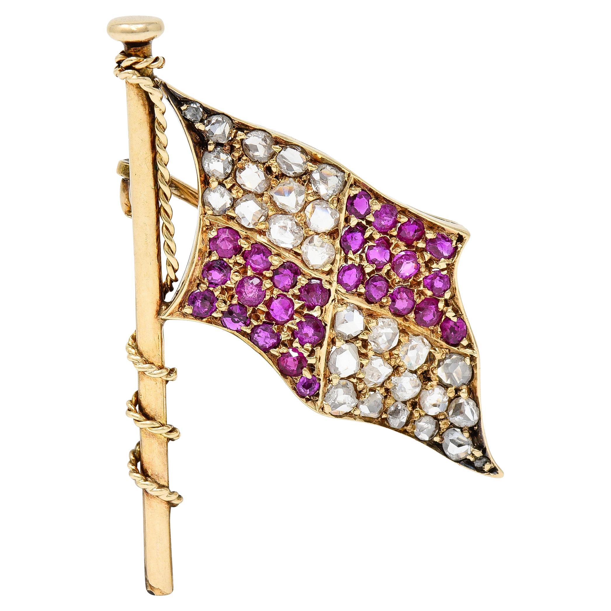 Broche ancienne de drapeau maritime victorien en or 14 carats avec diamants et rubis de 1,78 carat