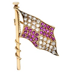 Victorian 1.78 CTW Ruby Diamond 14 Karat Gold Maritime Flag Antique Brooch