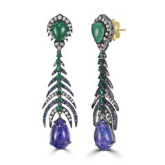 Victorian 17.92 Cttw. Tanzanite, Diamond, Emerald and Sapphire Dangle Earrings