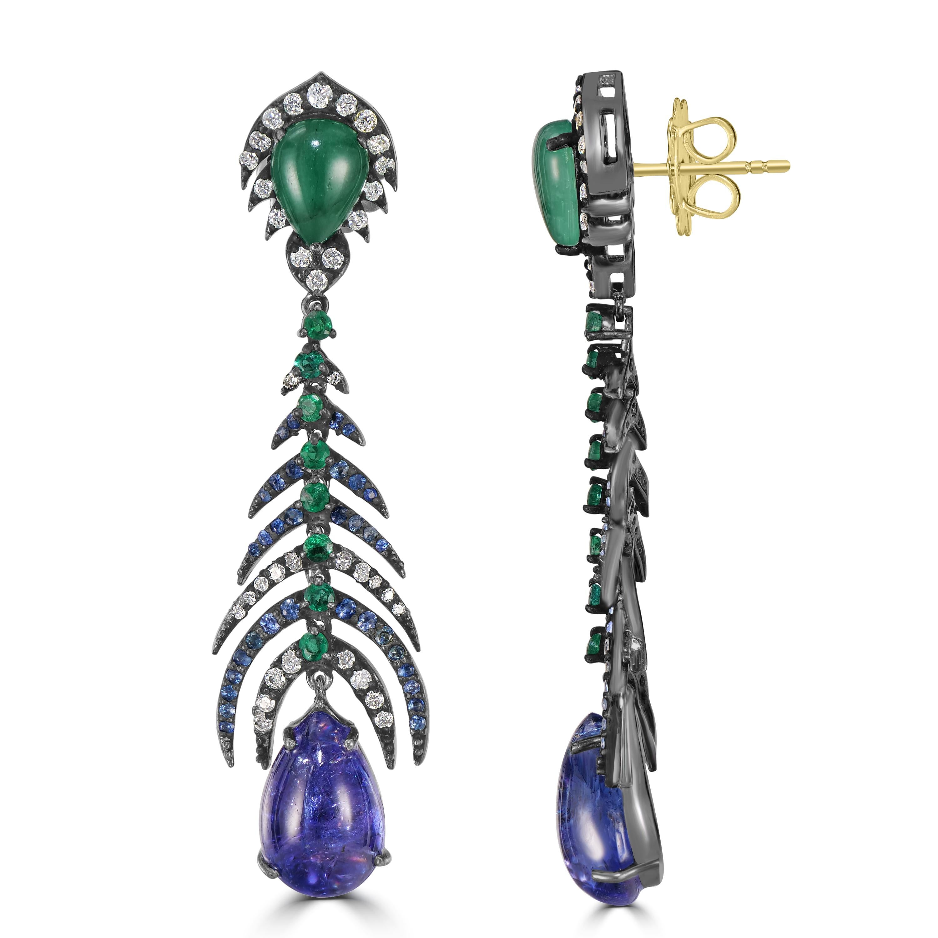 Pear Cut Victorian 17.92 Cttw. Tanzanite, Diamond, Emerald and Sapphire Dangle Earrings For Sale