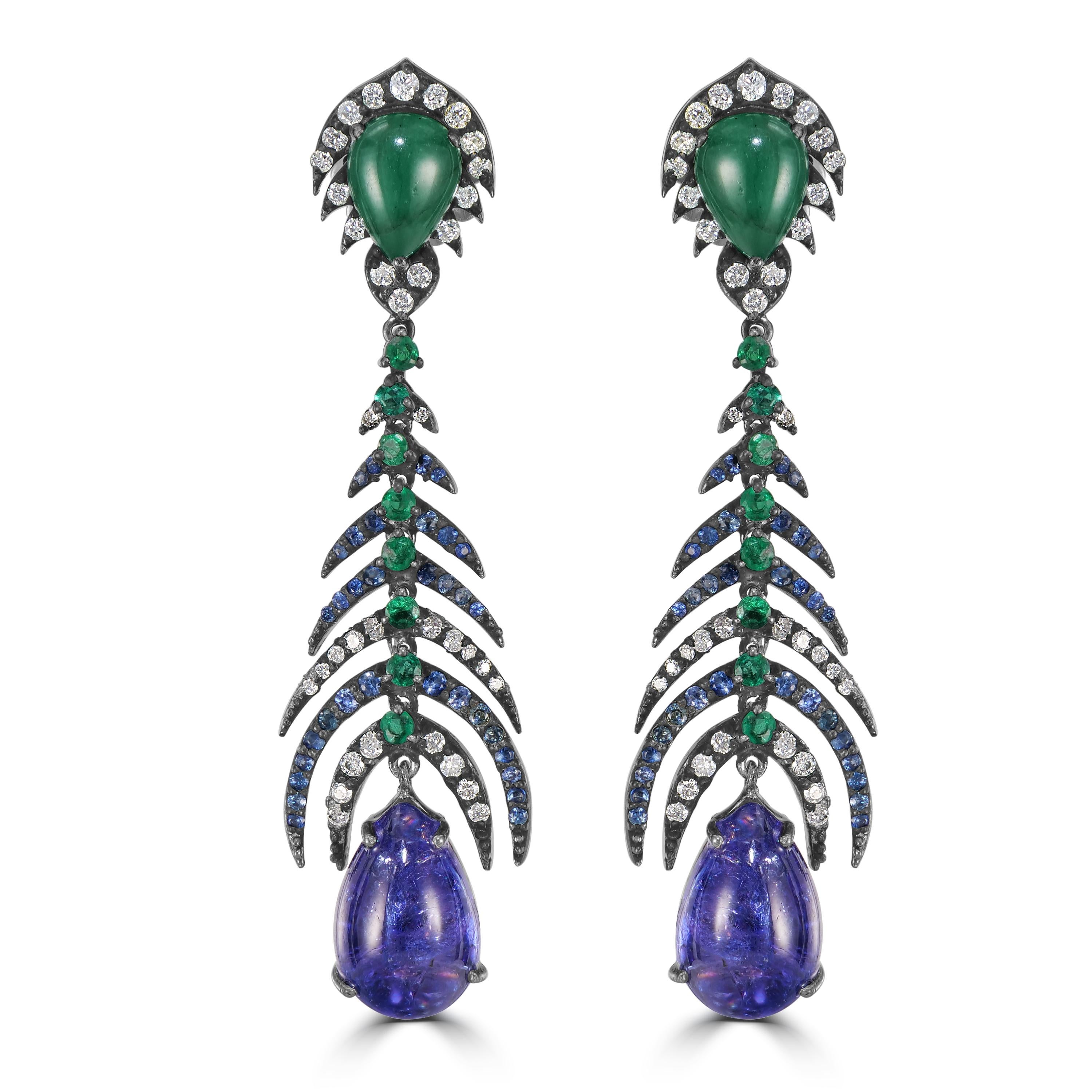 Victorian 17.92 Cttw. Tanzanite, Diamond, Emerald and Sapphire Dangle Earrings In New Condition For Sale In New York, NY