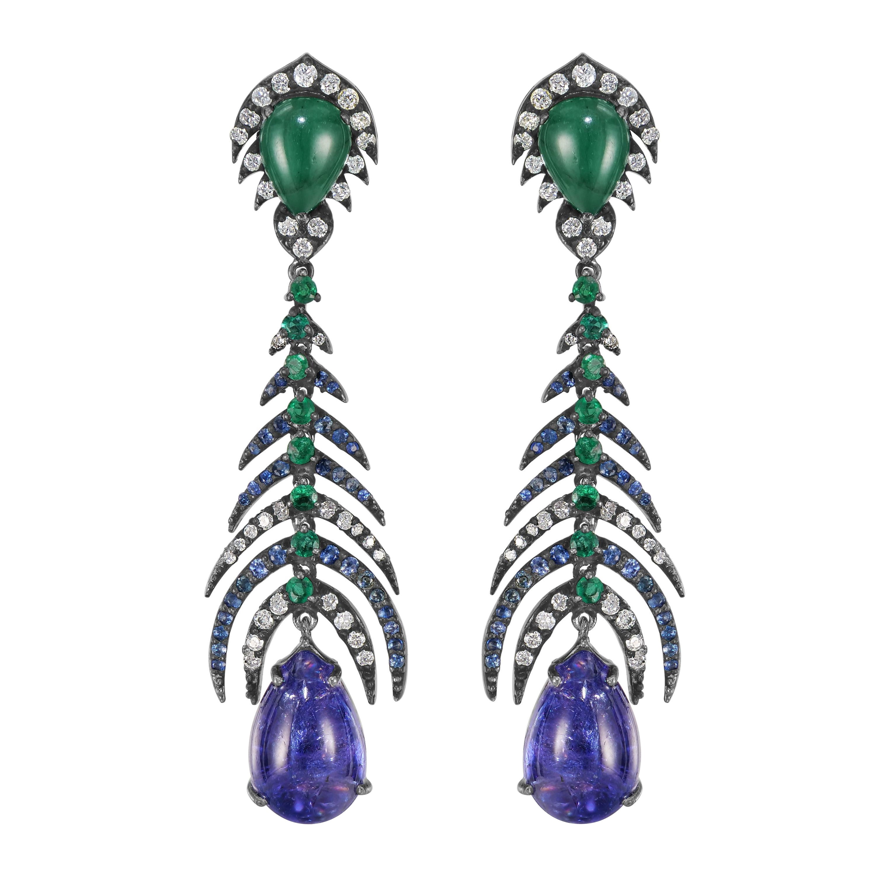 Vittoriano 17.92 Cttw. Orecchini pendenti con tanzanite, diamante, smeraldo e zaffiro