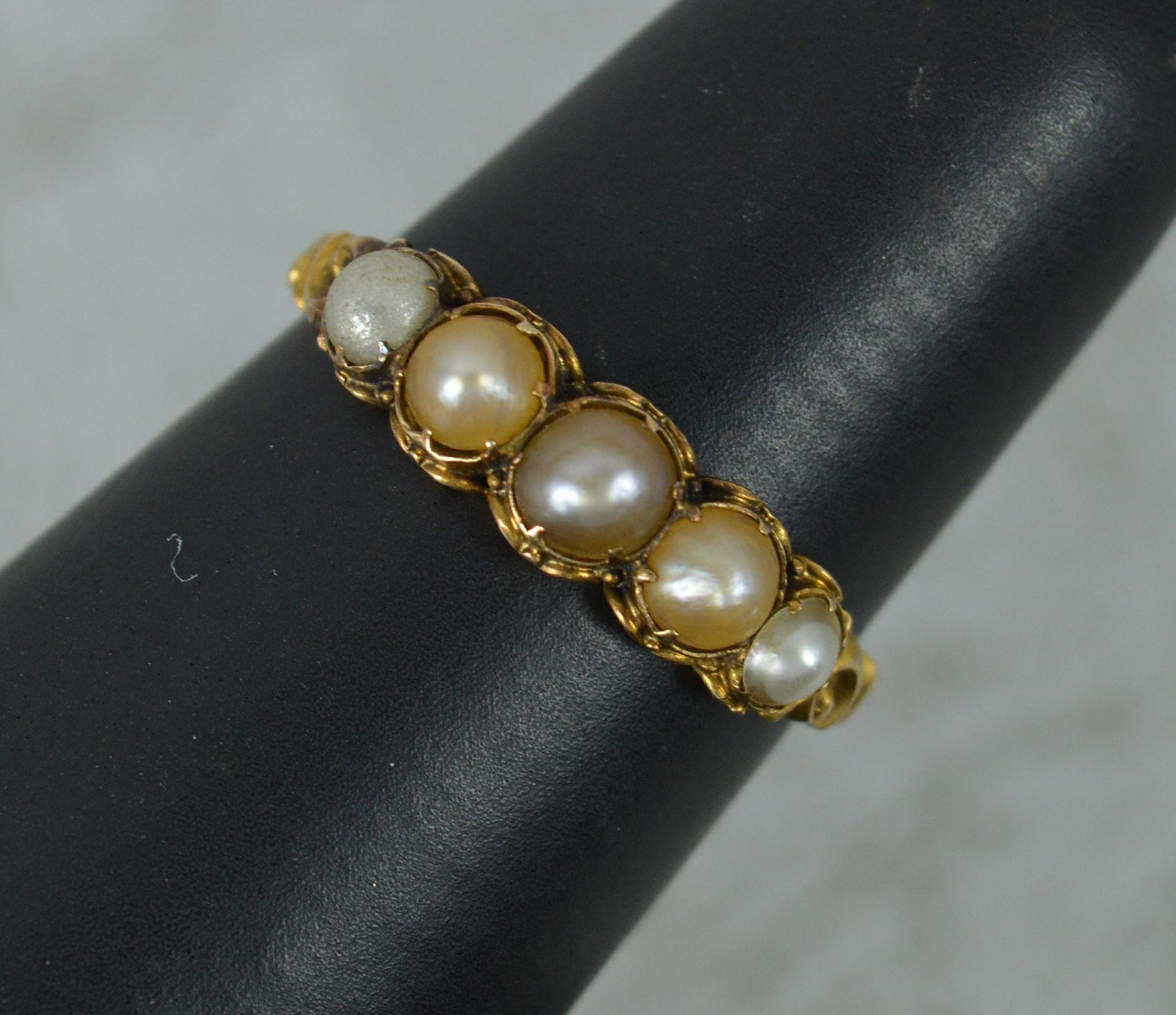 Victorian 18 Carat Gold and Five Pearl Stack Ring 6