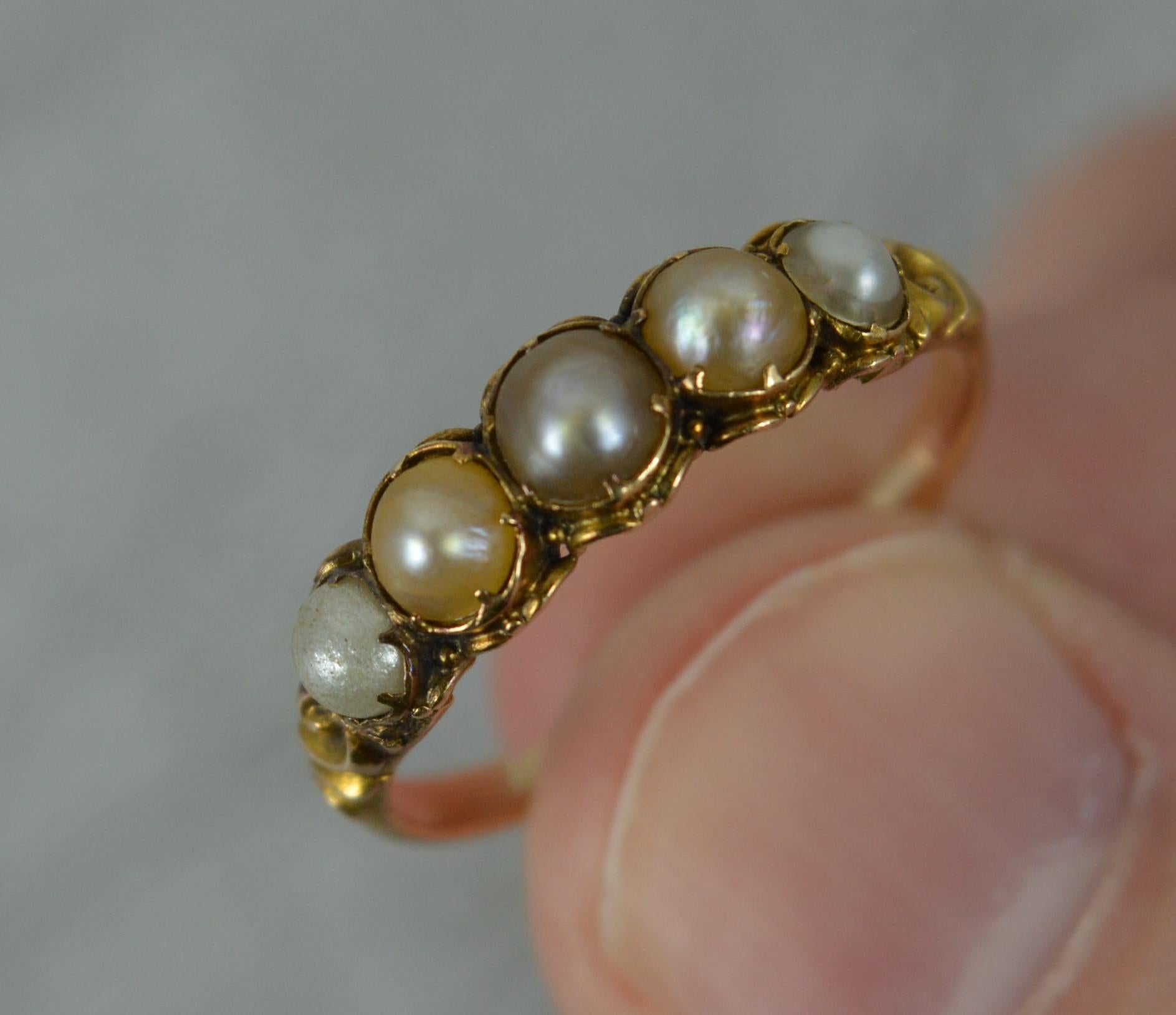 Victorian 18 Carat Gold and Five Pearl Stack Ring 4