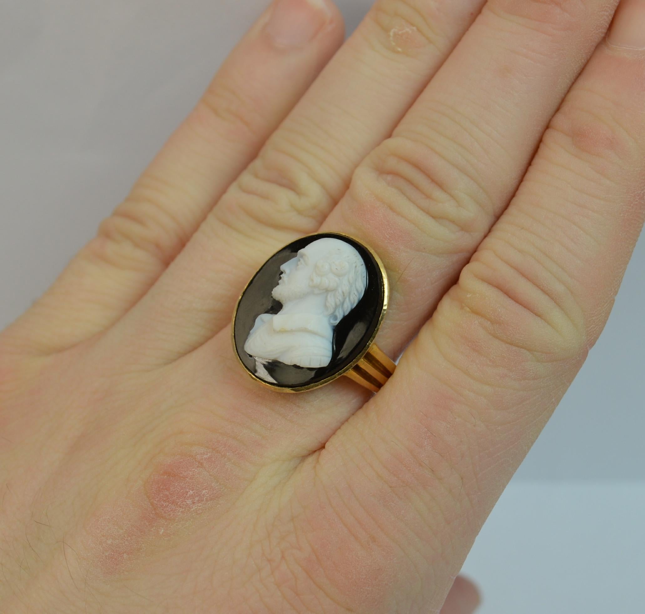 A very rare and desirable hardstone ring.

A true Victorian period example c1860.

Solid 18 carat yellow gold shank and setting.

Set with a single hardstone cameo to measure 17mm x 20mm approx which depicts a left facing bust of William