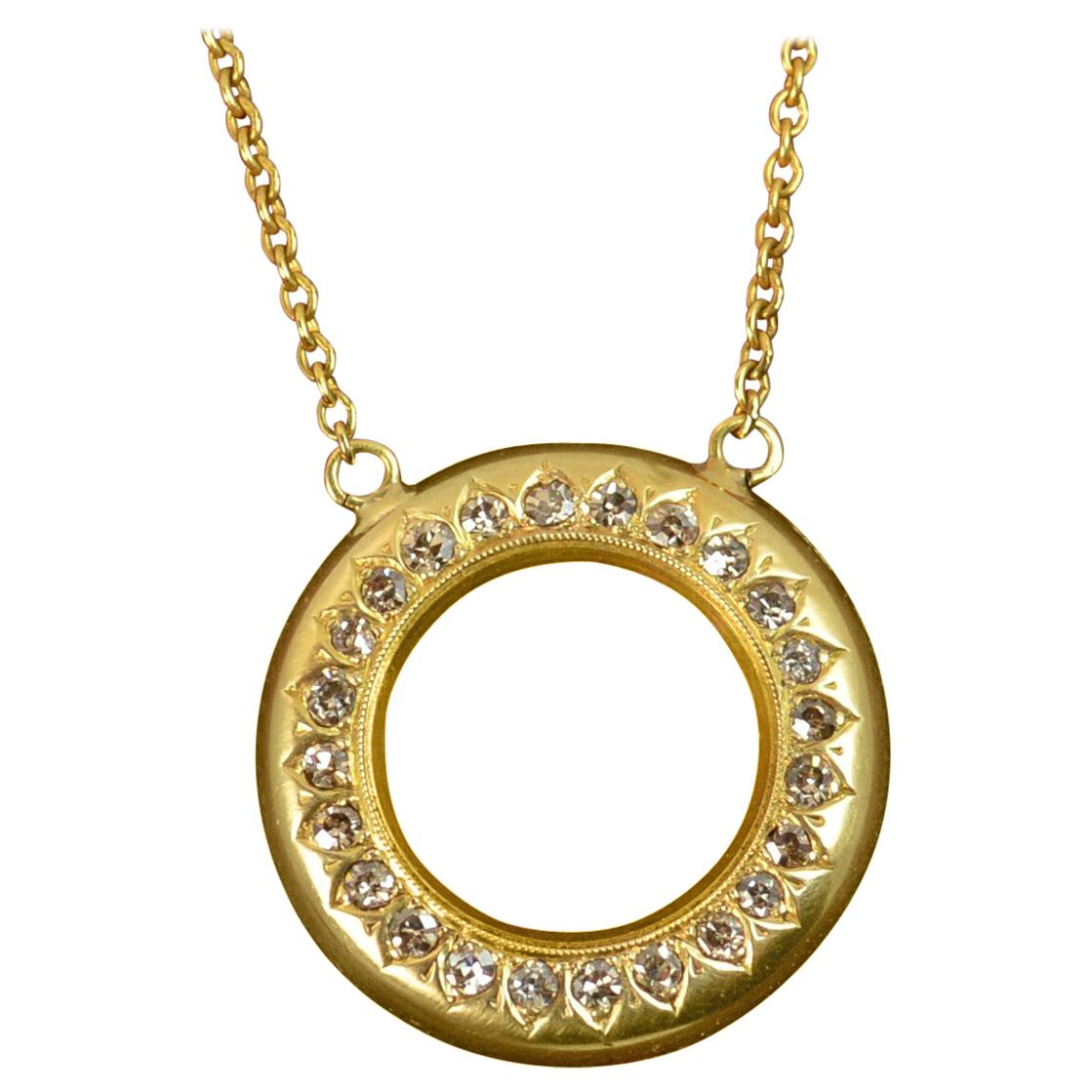 Victorian 18 Carat Gold and Natural Diamond Disc Pendant with Chain