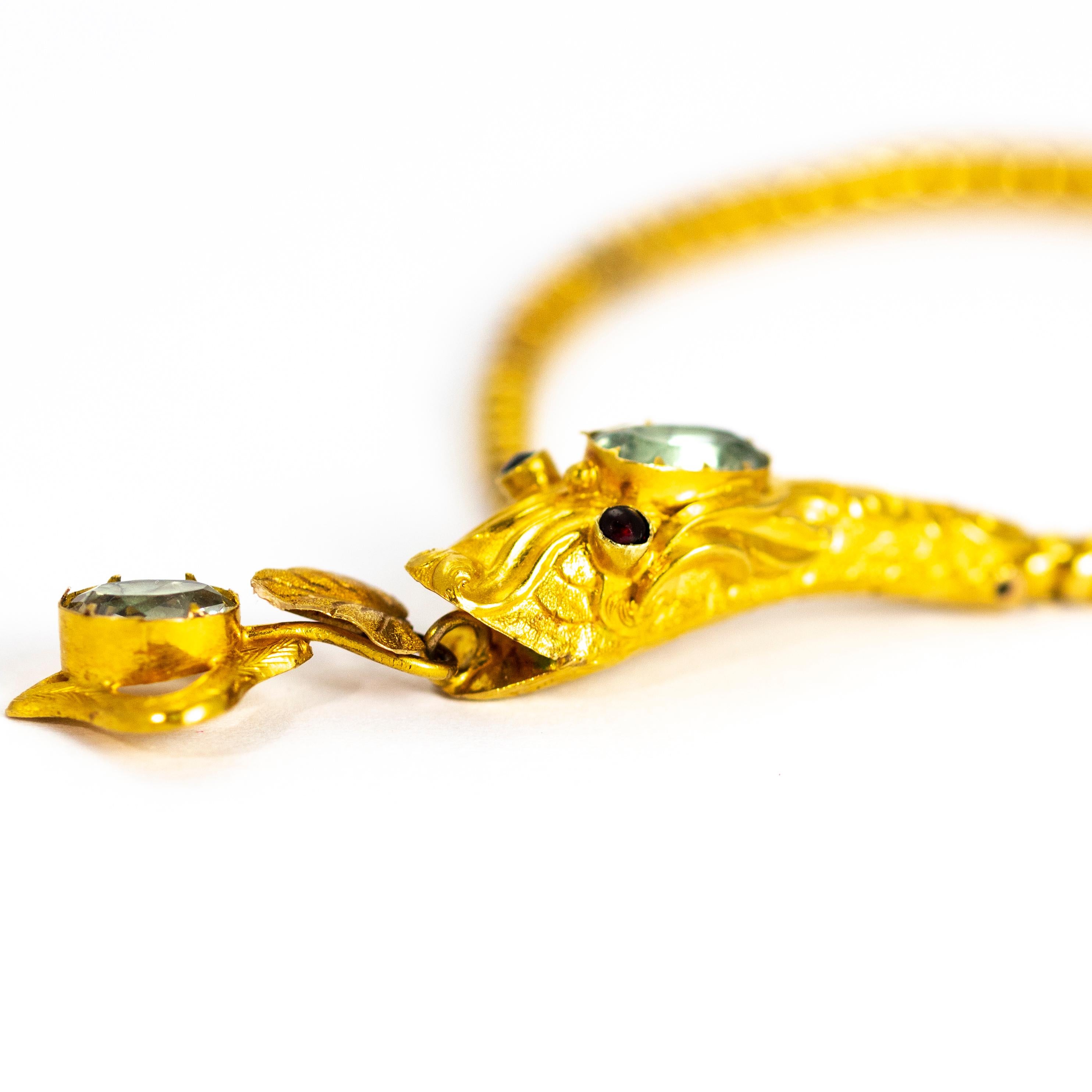 Women's or Men's Victorian 18 Carat Gold Aquamarine & Ruby Snake Bracelet in Original Fitted Box