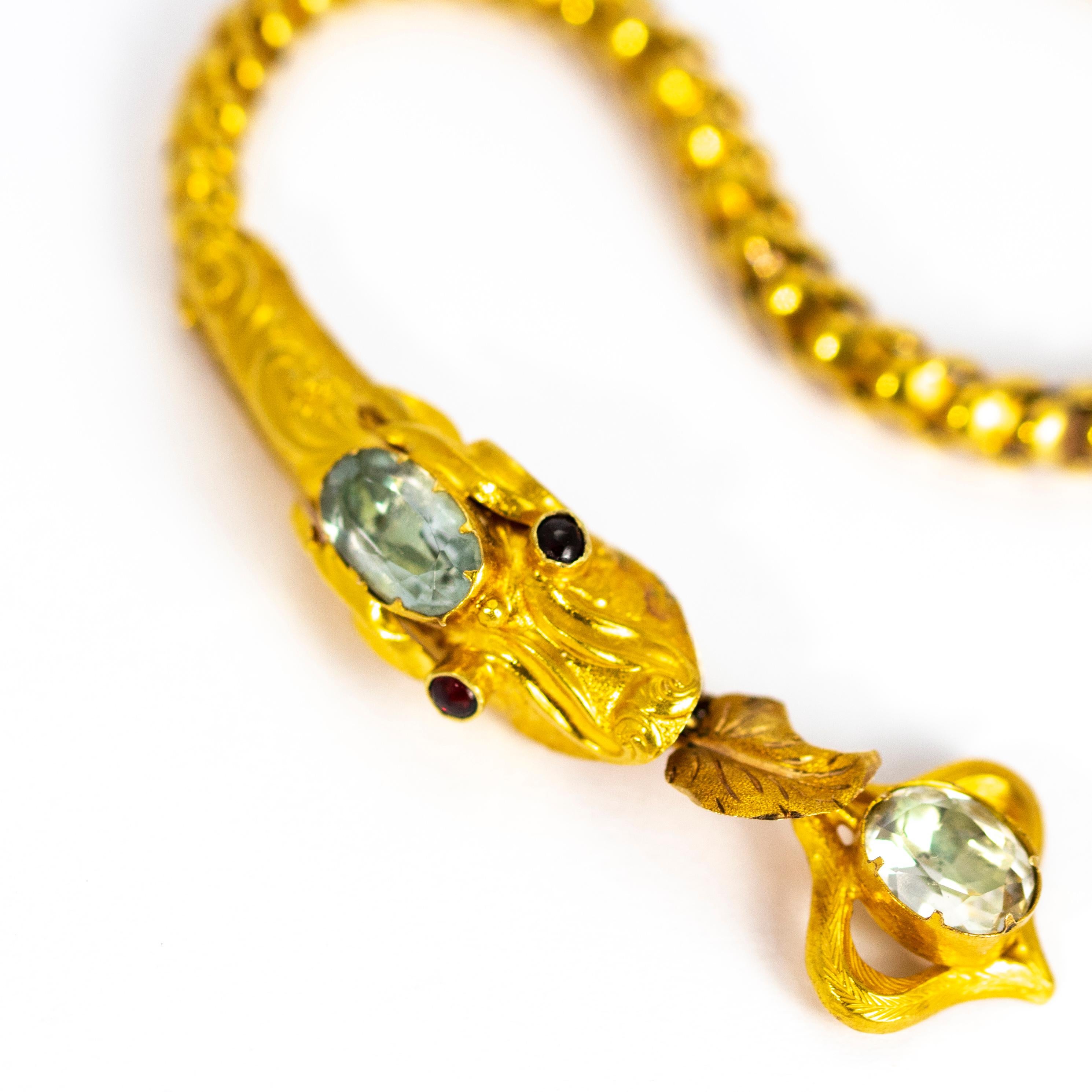 Victorian 18 Carat Gold Aquamarine & Ruby Snake Bracelet in Original Fitted Box 1