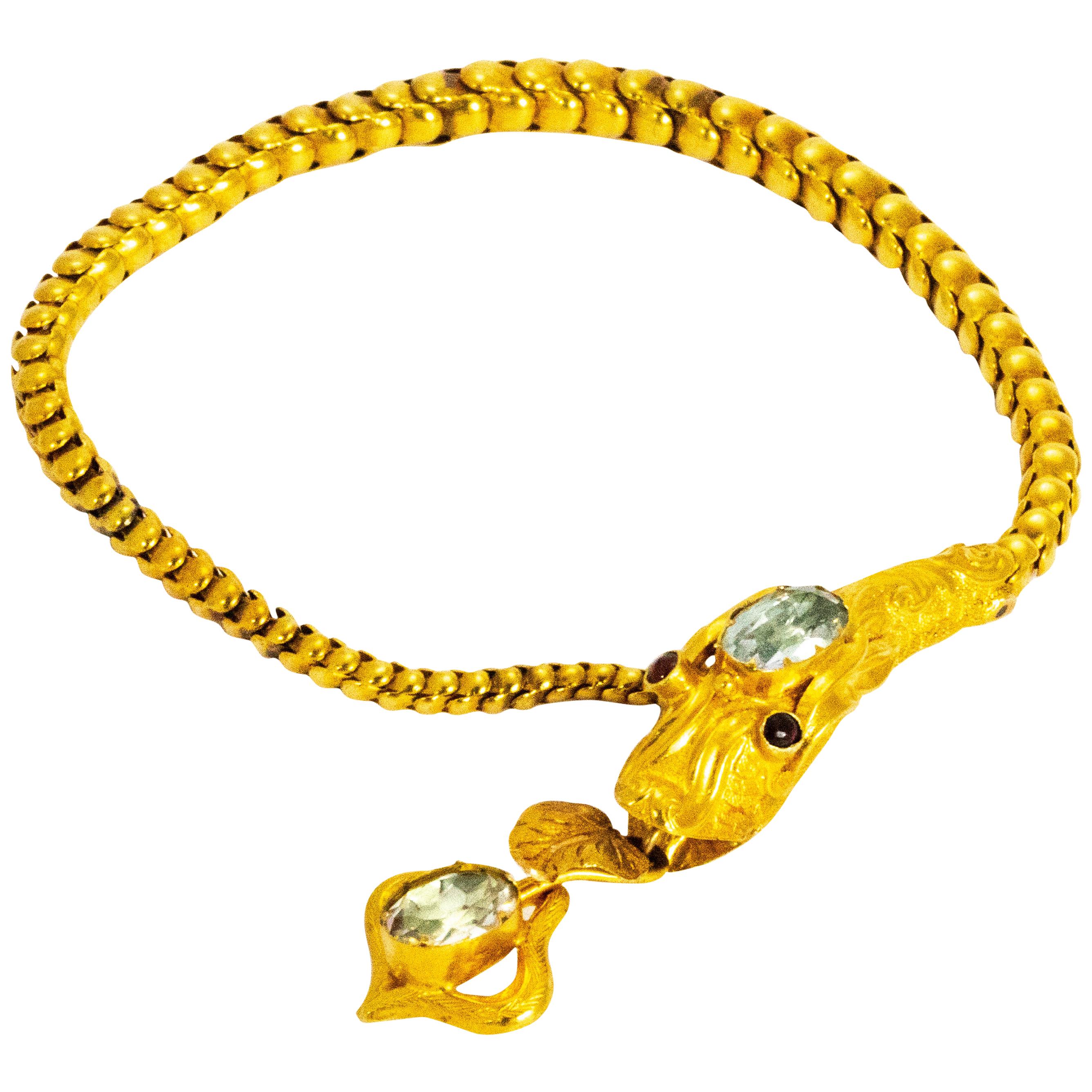 Victorian 18 Carat Gold Aquamarine & Ruby Snake Bracelet in Original Fitted Box