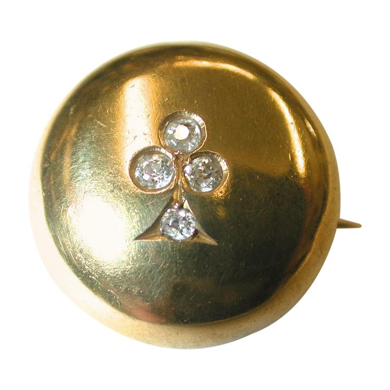 Victorian 18 Carat Gold Button Shaped Brooch Set with 4 Diamonds, circa 1880 For Sale