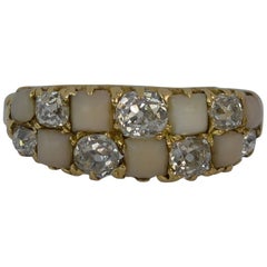 Victorian 18 Carat Gold Coral and Old Cut Diamond Two Row Chequerboard Ring