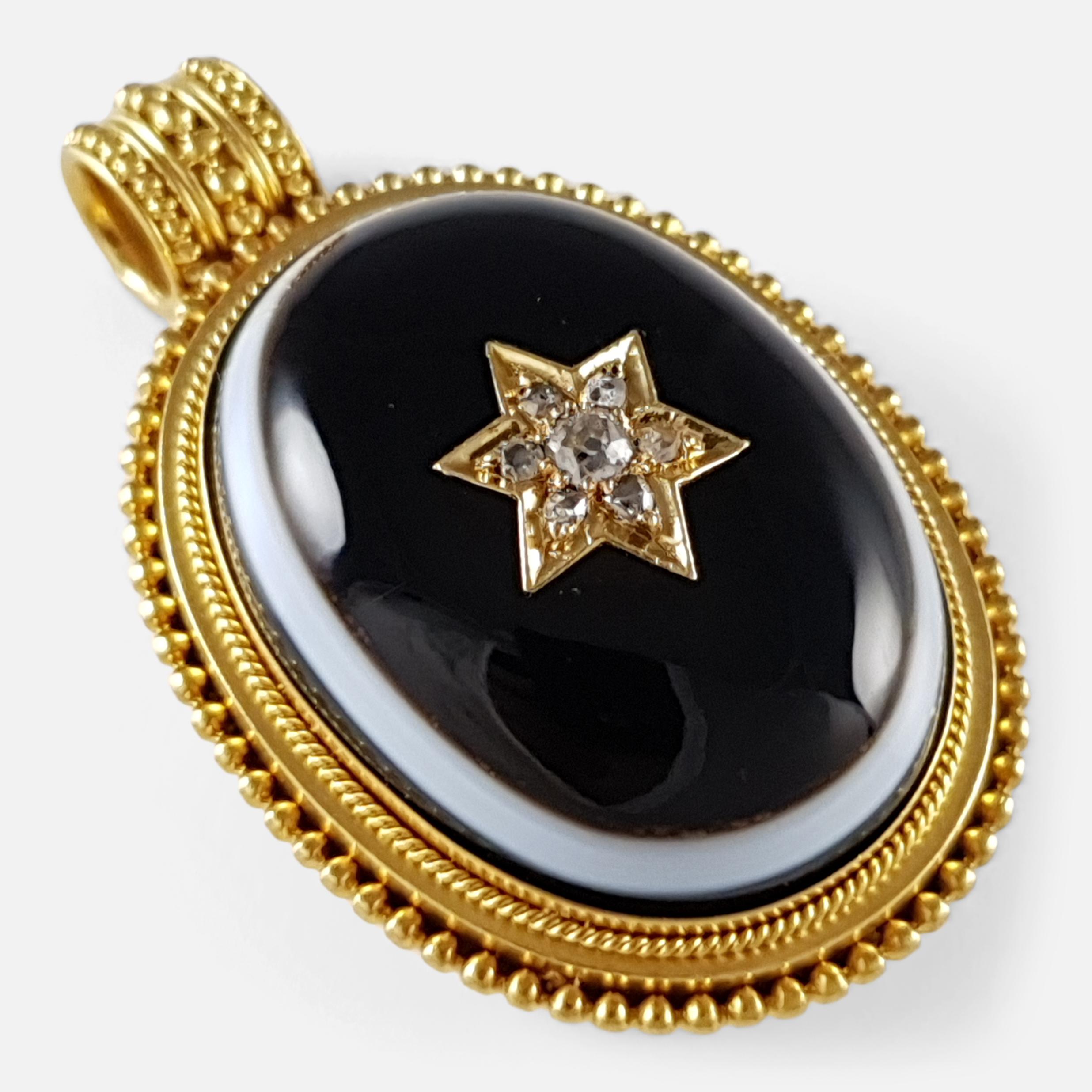 Cabochon Victorian 18 carat Gold Diamond and Bulls Eye Banded Agate Locket For Sale