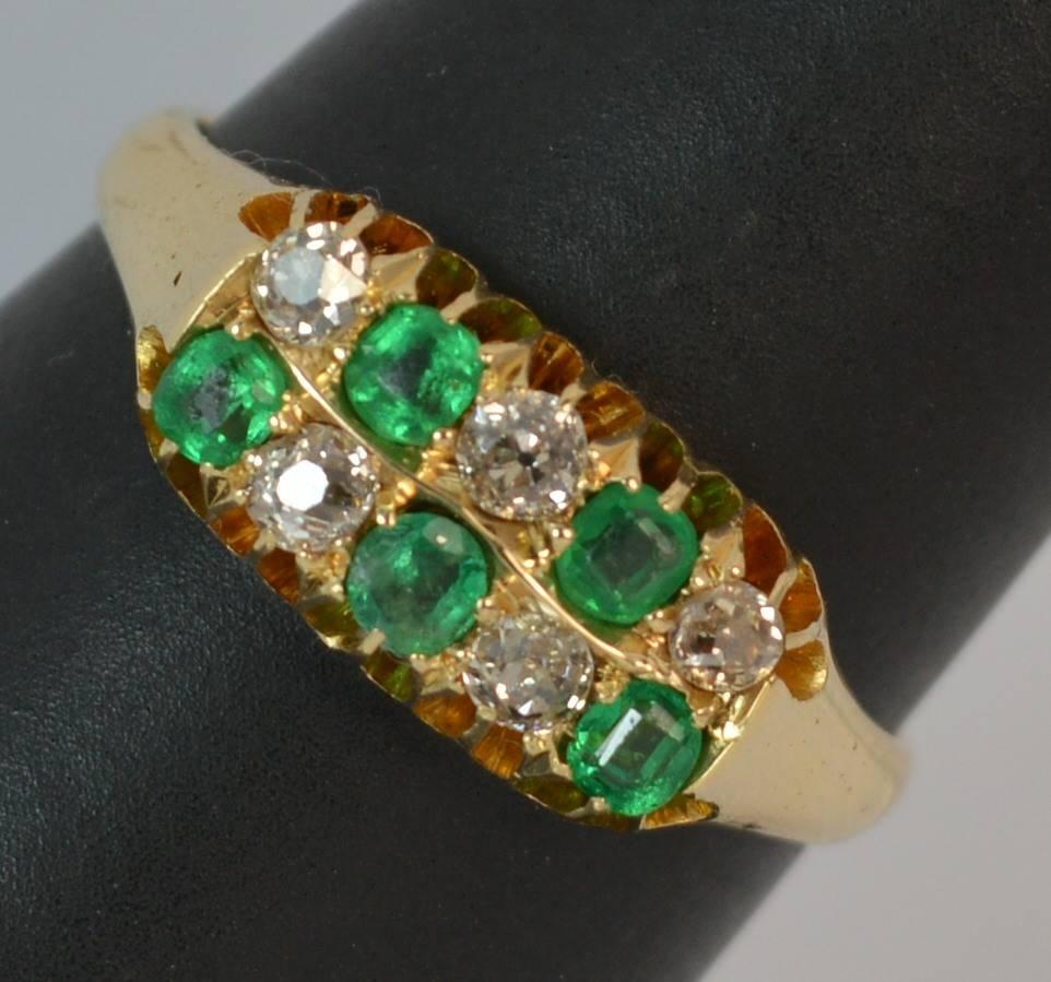 
A beautiful late Victorian period two row chequerboard design.

Modelled in 18 carat yellow gold.

Designed with old cut diamonds and square shaped emerald stones.

​Deep green coloured emeralds. 0.20-0,25ct old cut diamond total, 2.3mm diameter