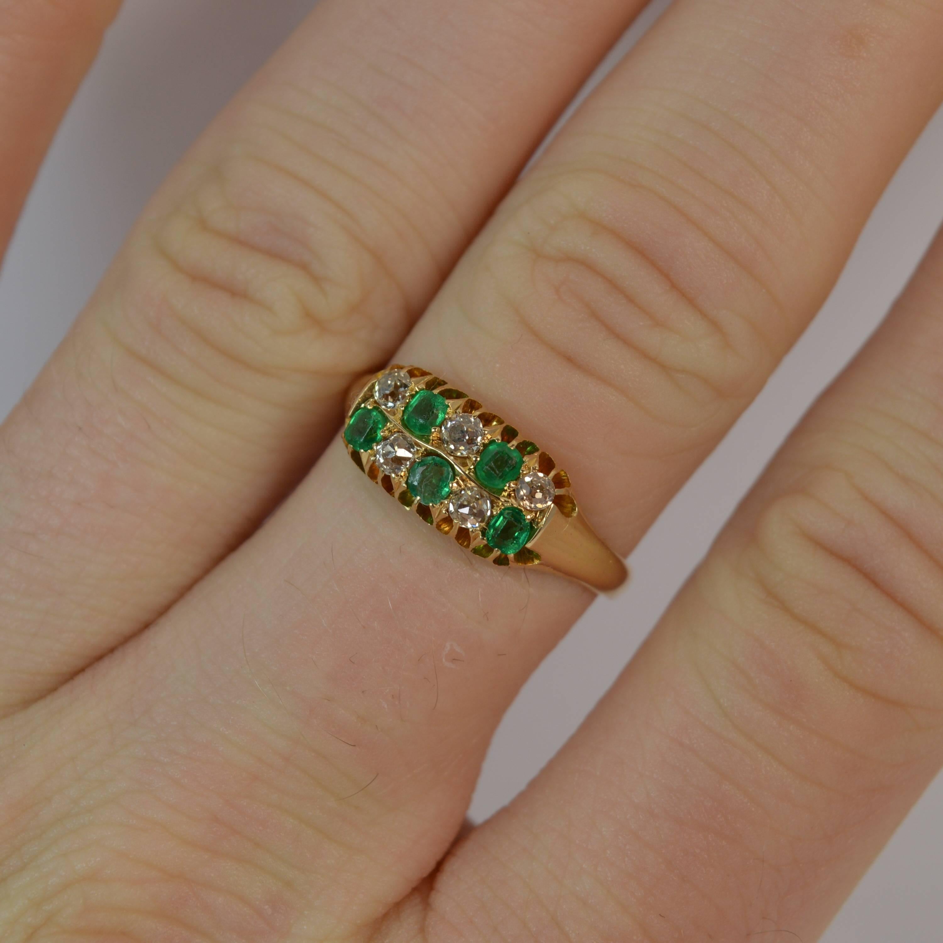 Victorian 18 Carat Gold Emerald and Old Cut Diamond Two-Row Chequerboard Ring In Good Condition In St Helens, GB