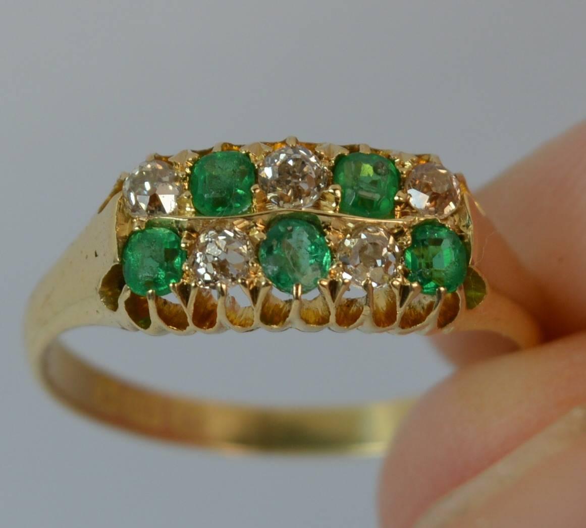 Women's Victorian 18 Carat Gold Emerald and Old Cut Diamond Two-Row Chequerboard Ring