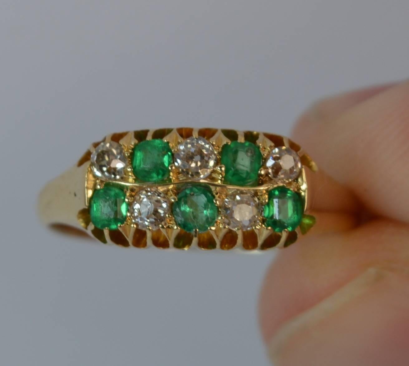 Victorian 18 Carat Gold Emerald and Old Cut Diamond Two-Row Chequerboard Ring 1