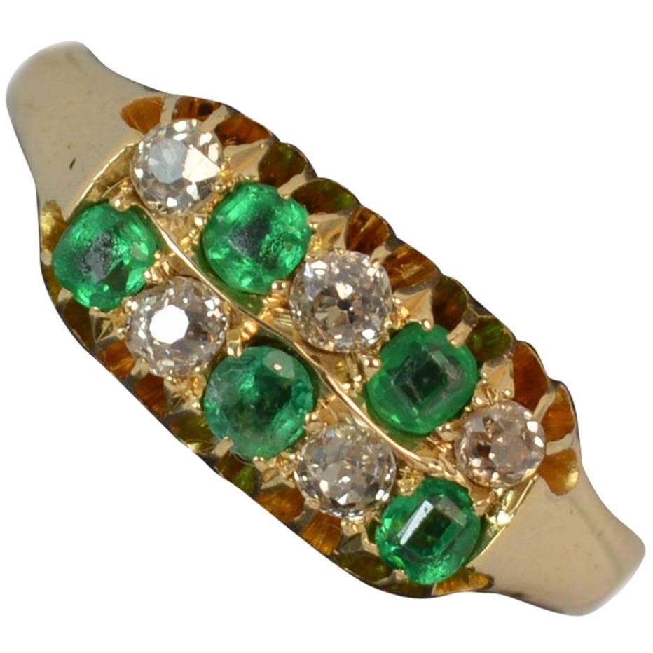 Victorian 18 Carat Gold Emerald and Old Cut Diamond Two-Row Chequerboard Ring